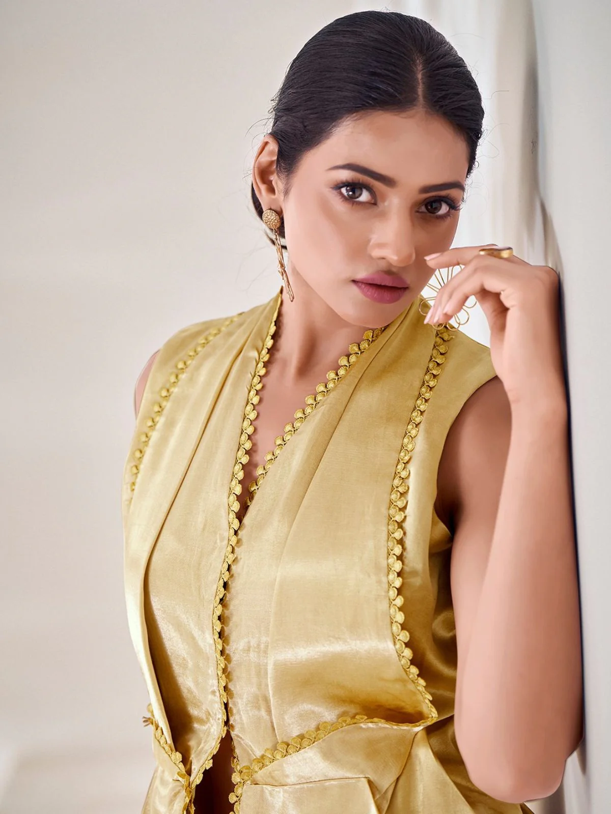 Odette Gold Silk Blend Lace Work Top For Women - Image 6