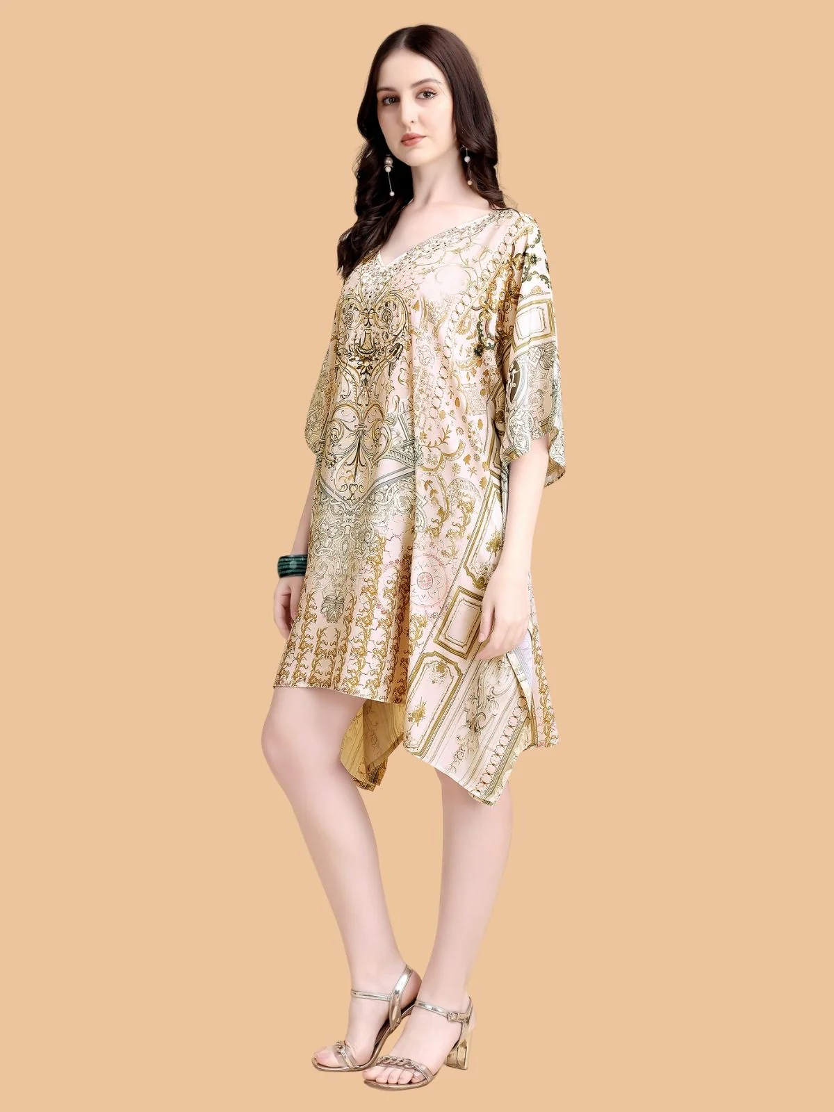 Odette Gold Silk Blend Printed Kaftan For Women - Image 2