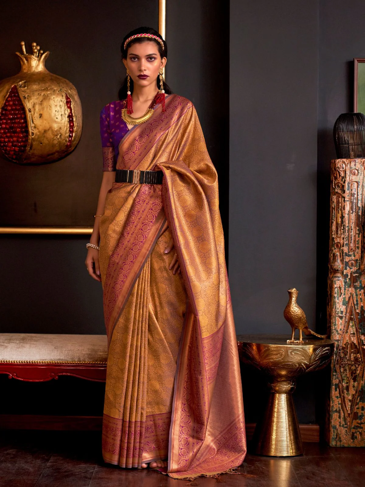 Odette Gold Silk Blend Woven Saree With Unstitched Blouse For Women