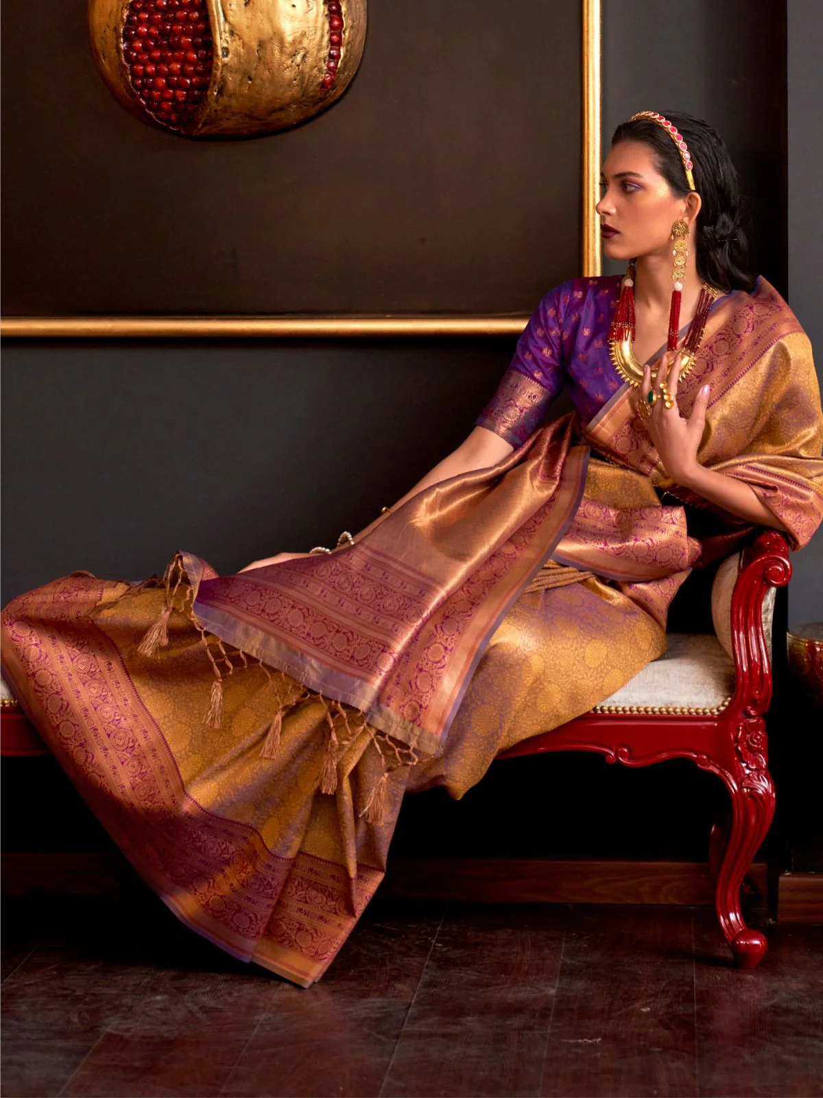 Odette Gold Silk Blend Woven Saree With Unstitched Blouse For Women - Image 2