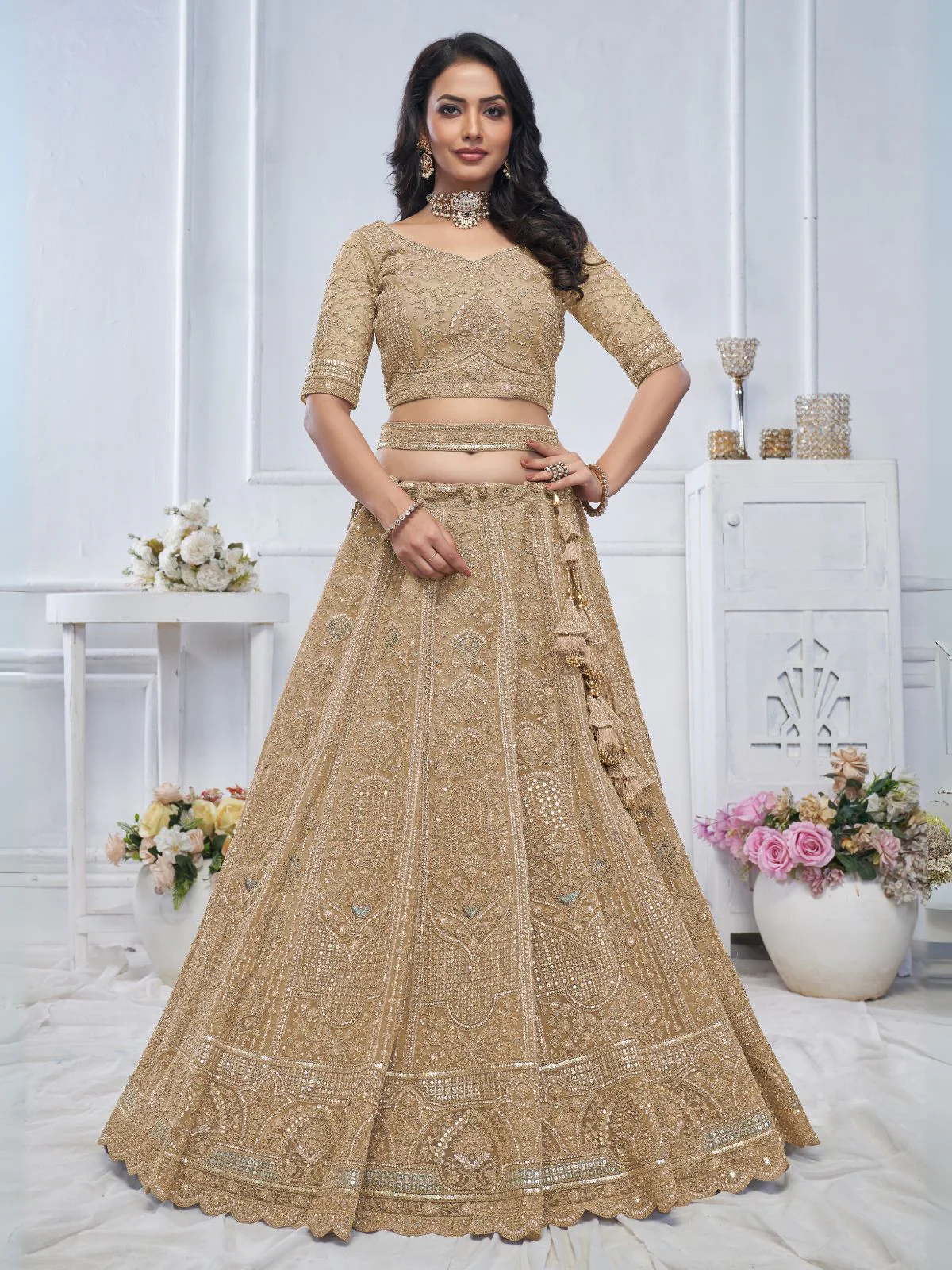 Odette Gold Soft Net Embroidered Semi-Stitched Lehenga With Unstitched Blouse For Women - Image 2