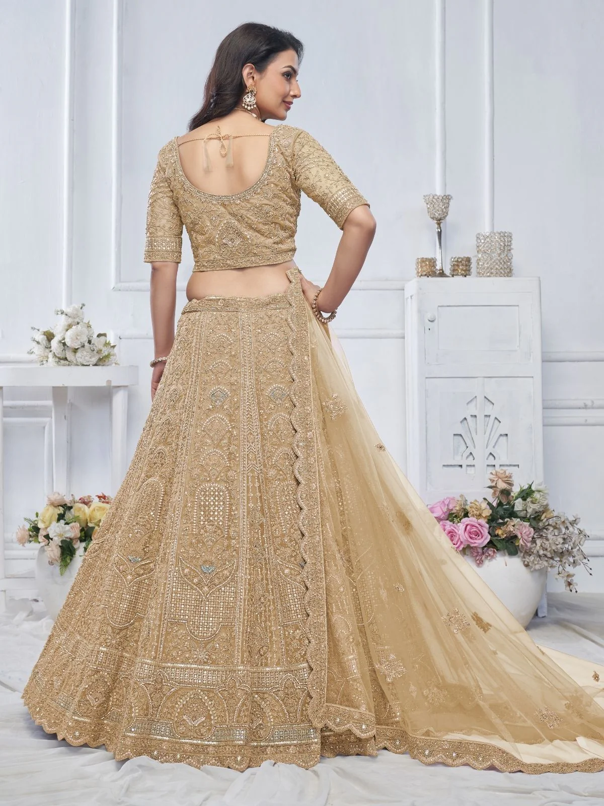 Odette Gold Soft Net Embroidered Semi-Stitched Lehenga With Unstitched Blouse For Women - Image 3
