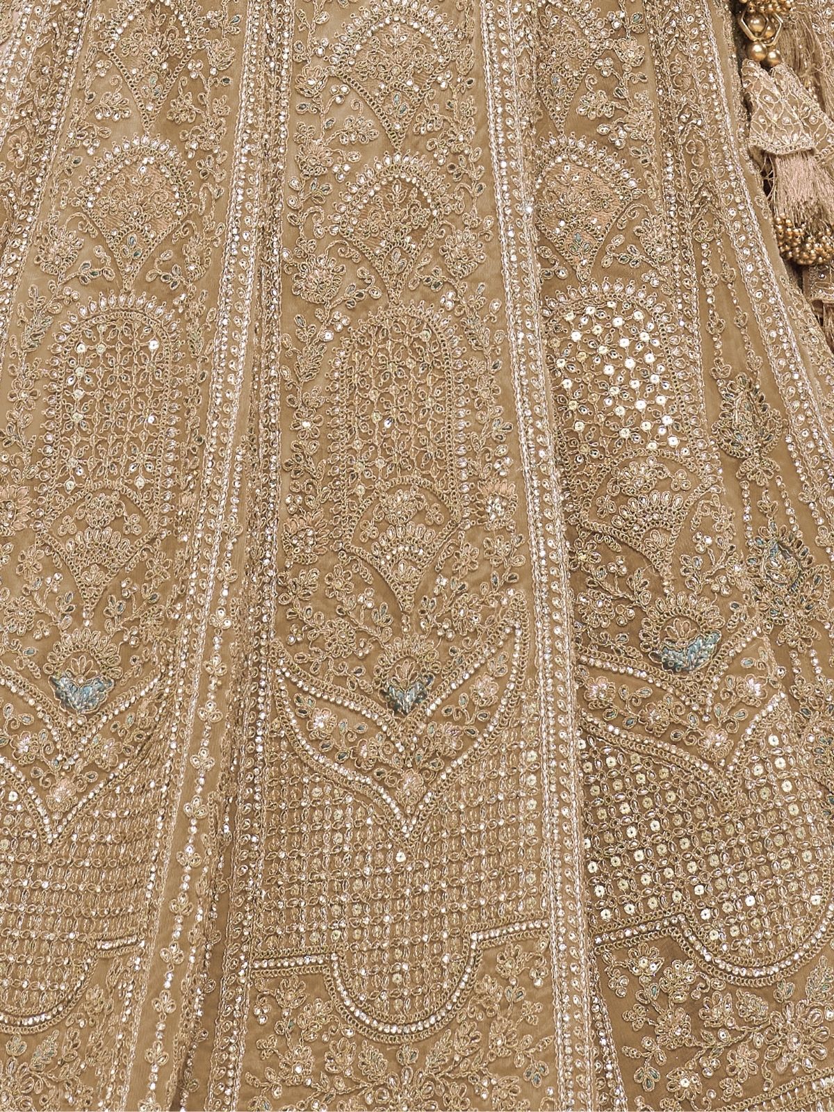 Odette Gold Soft Net Embroidered Semi-Stitched Lehenga With Unstitched Blouse For Women - Image 5