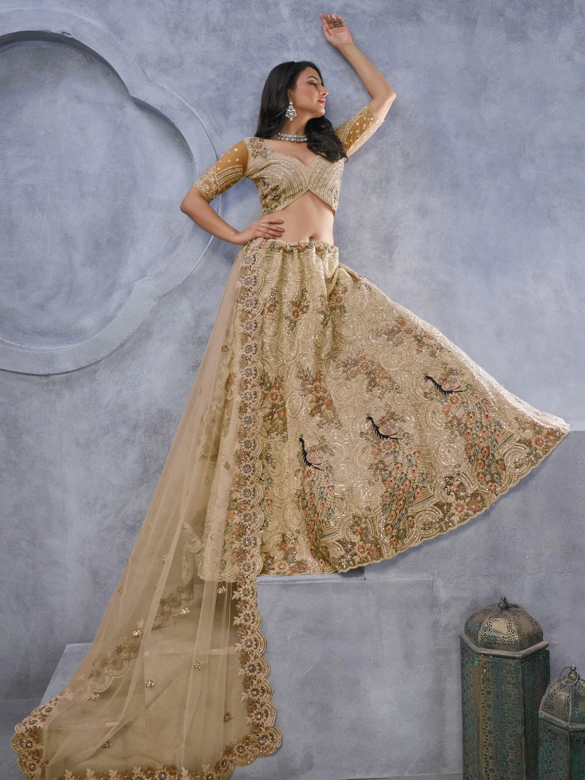 Odette Gold Soft Net Embroidered Semi-Stitched Lehenga With Unstitched Blouse For Women - Image 2