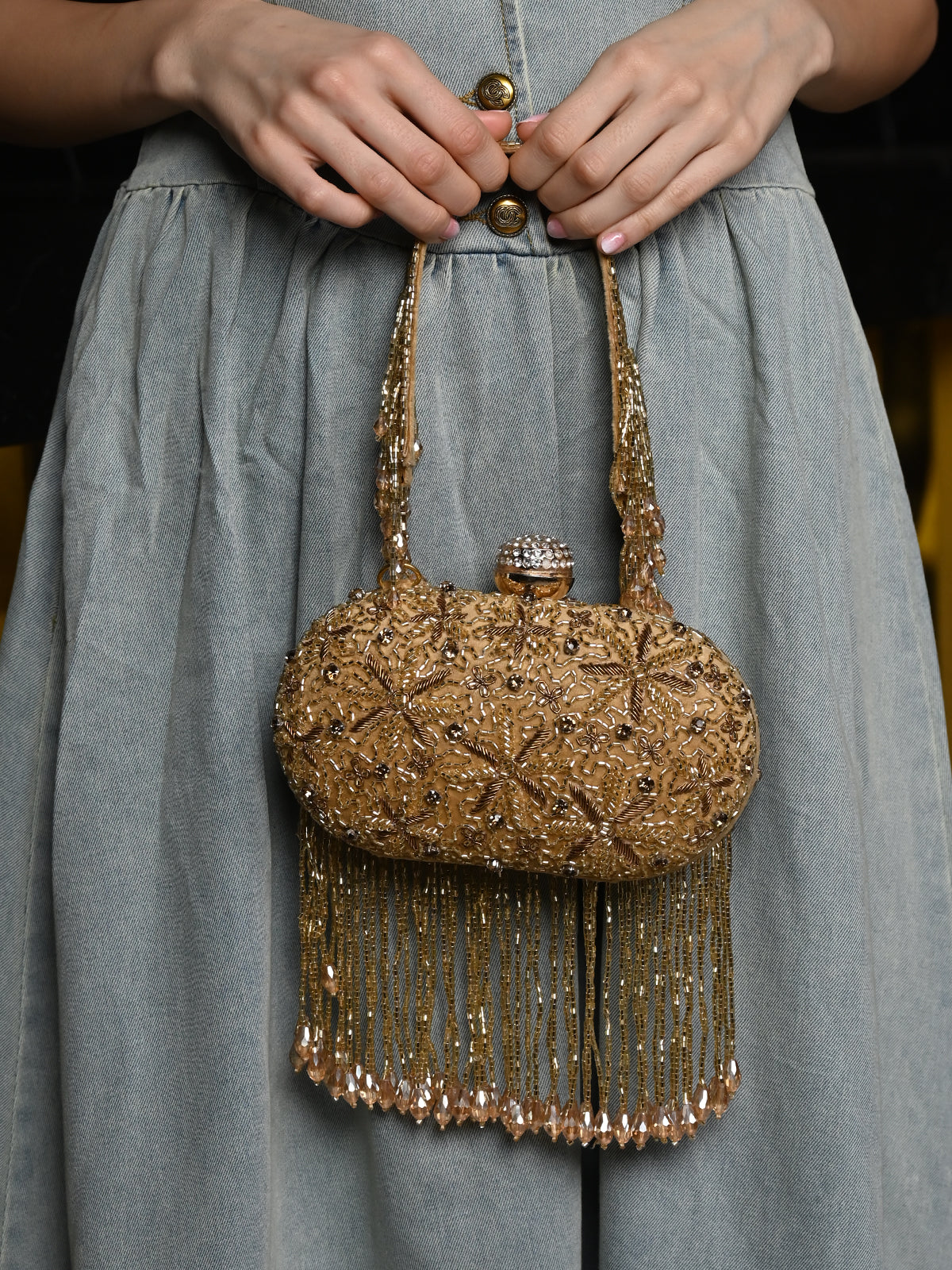 Odette Gold Tassels Embellished Clutch For Women - Image 2