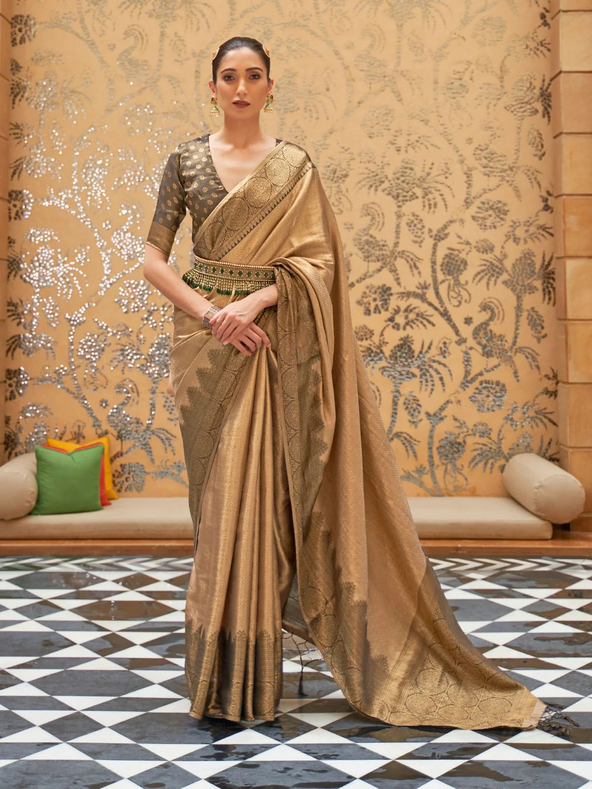 Odette Gold Woven Design Silk Blend Saree With Unstitched Blouse For Women
