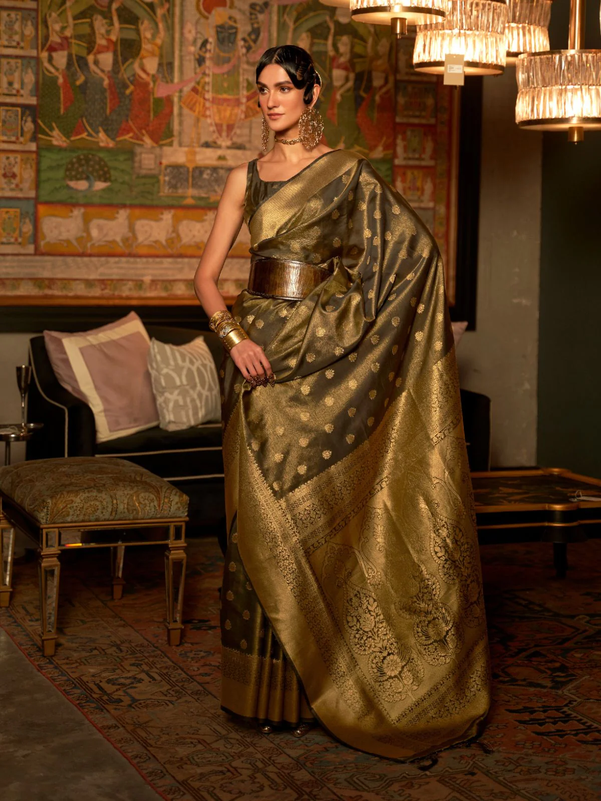Odette Olive And Gold Woven Design Silk Blend Saree With Unstitched Blouse For Women