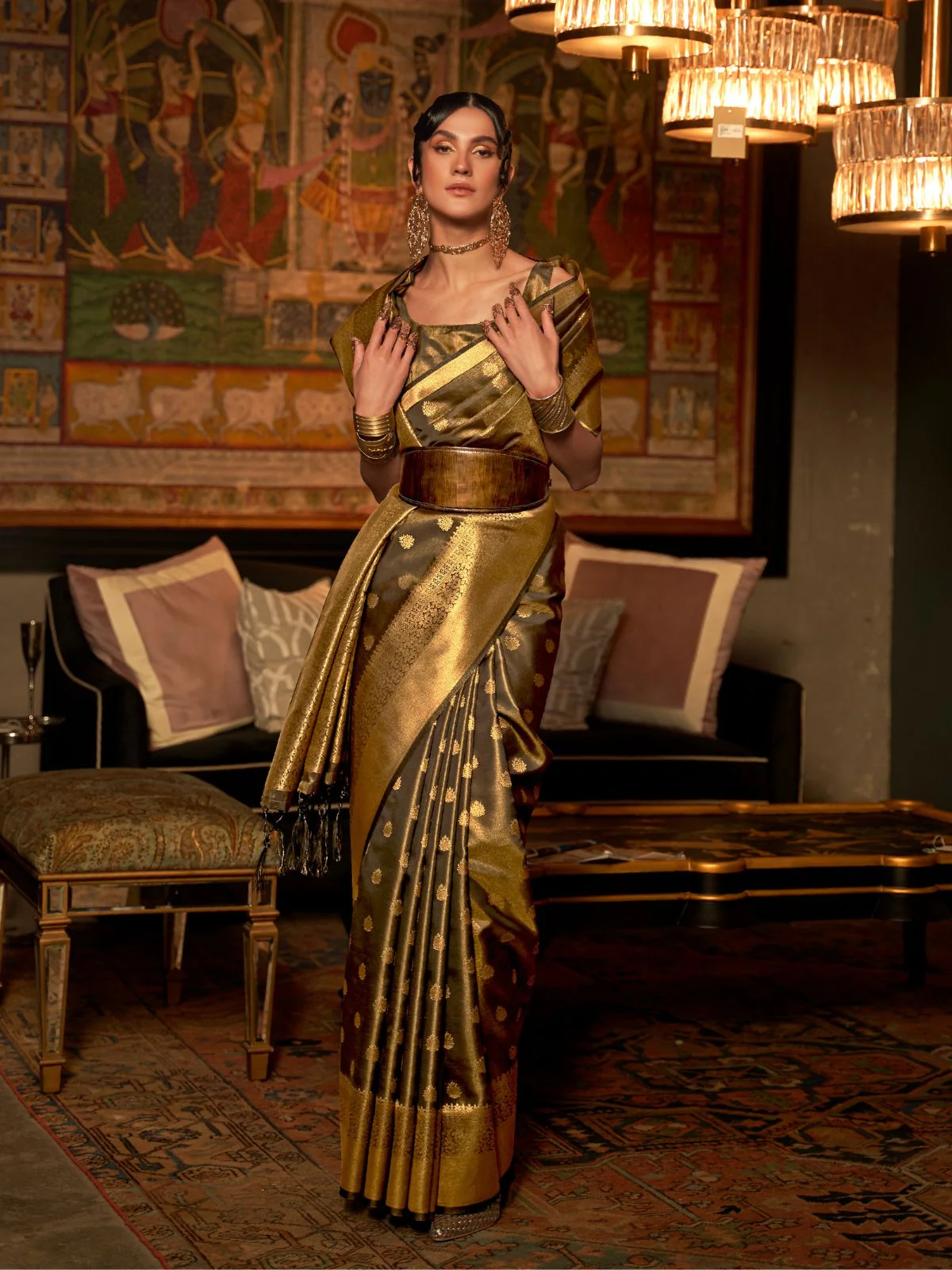 Odette Olive And Gold Woven Design Silk Blend Saree With Unstitched Blouse For Women - Image 2