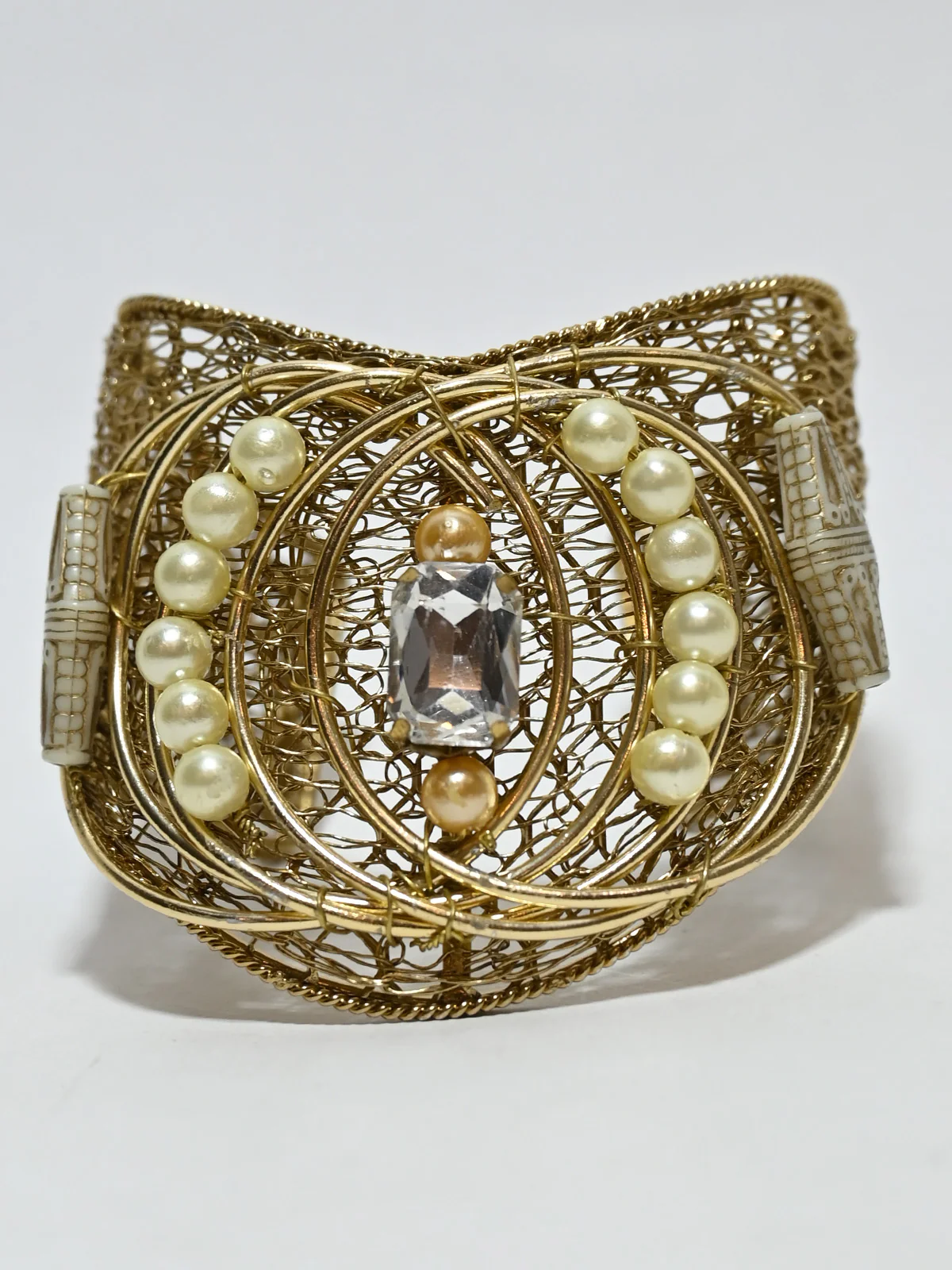Odette Golden Alloy Pearl And Stone Cuff Bracelet For Women - Image 2