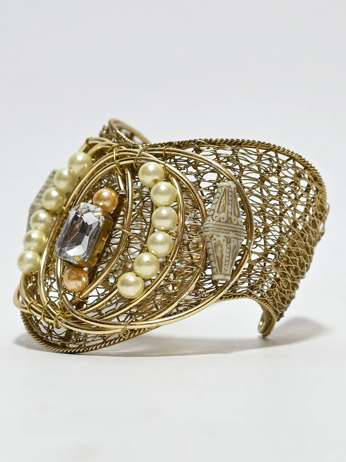 Odette Golden Alloy Pearl And Stone Cuff Bracelet For Women - Image 3