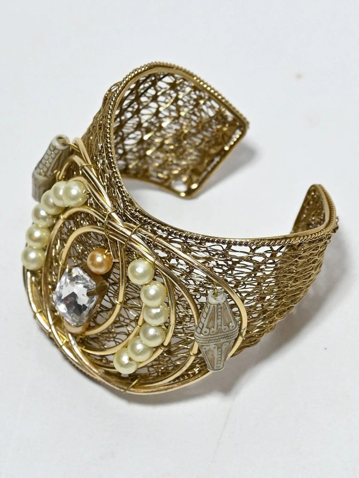 Odette Golden Alloy Pearl And Stone Cuff Bracelet For Women - Image 5