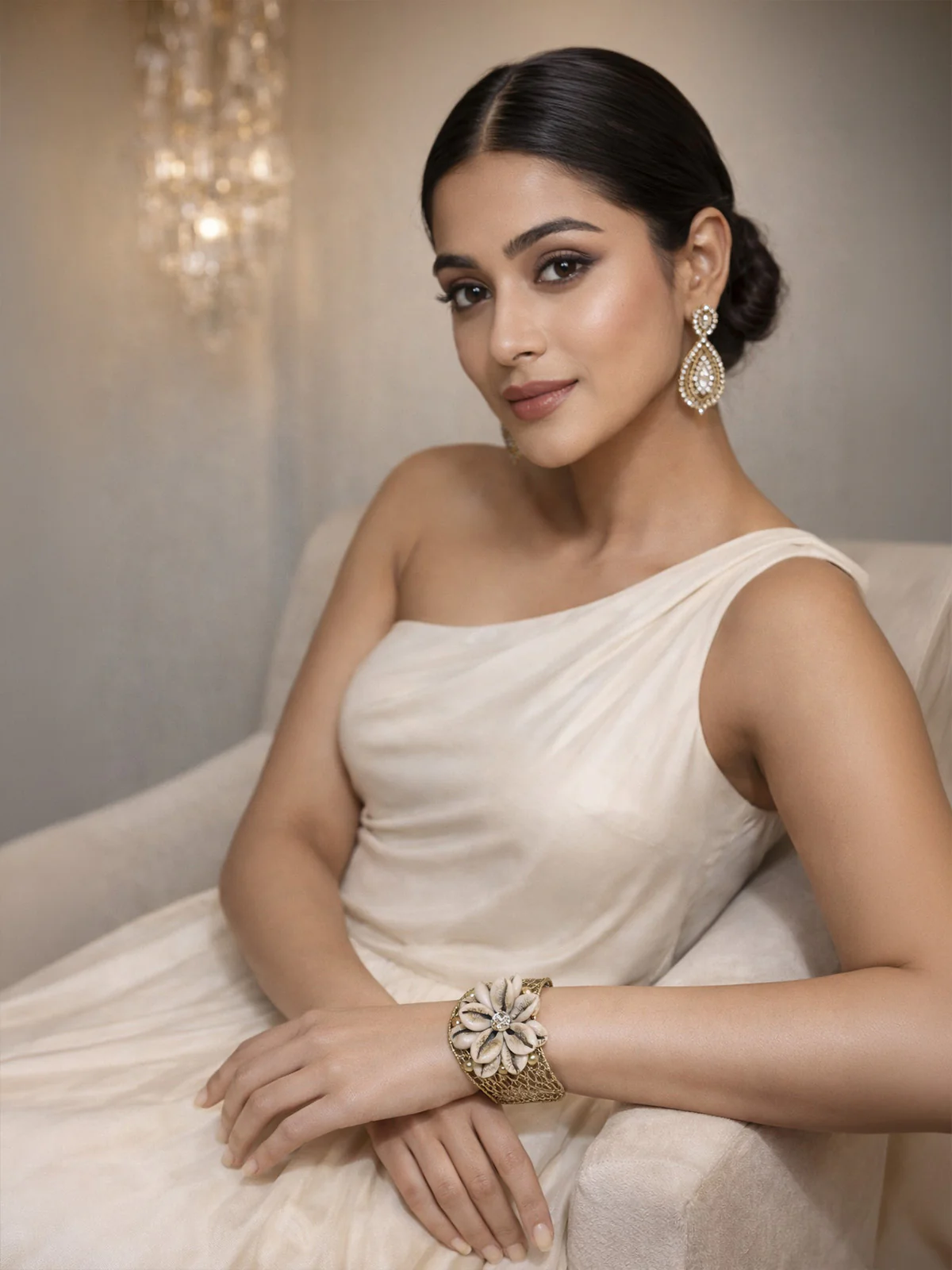 Odette Golden Alloy Pearl And Stone Cuff Bracelet For Women