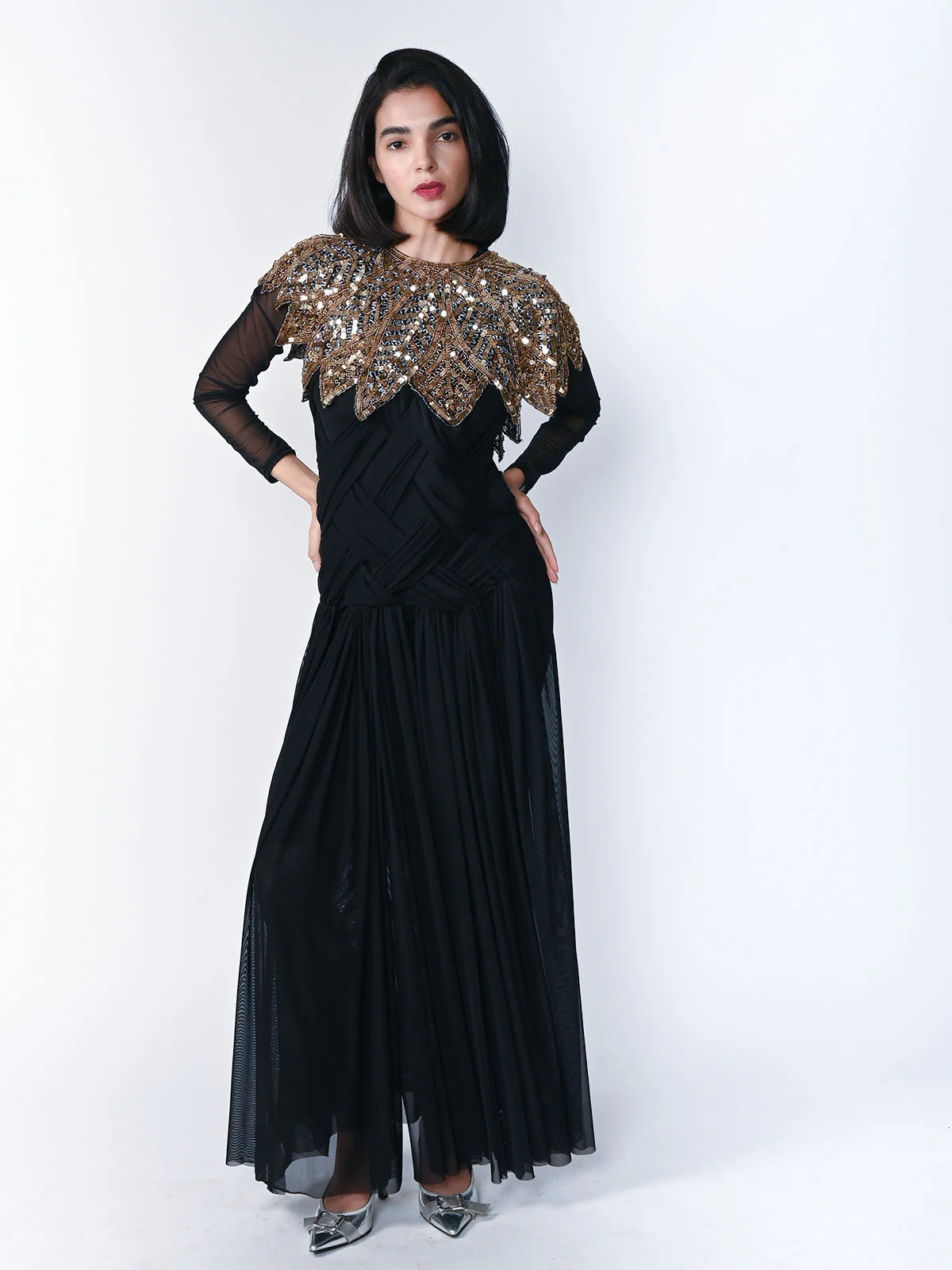 Odette Golden And Black Net Embellished Stitched Cape For Women - Image 3