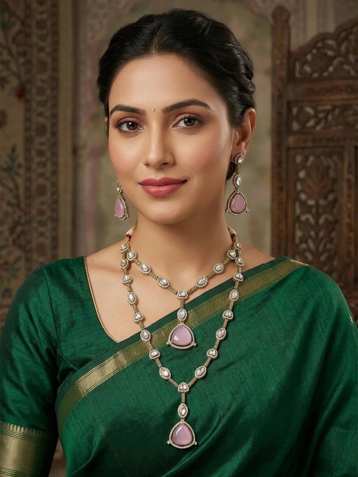 Odette Golden And Light Pink Kundan And Stone Jewellery Set For Women