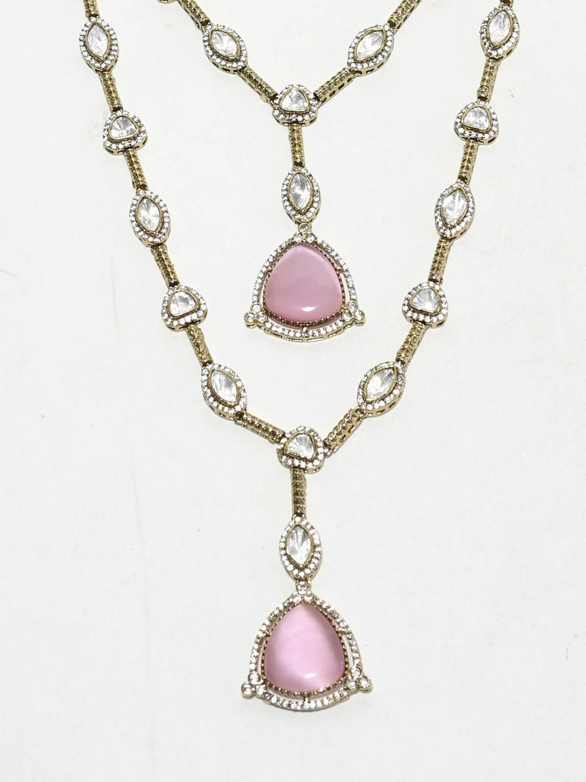 Odette Golden And Light Pink Kundan And Stone Jewellery Set For Women - Image 3