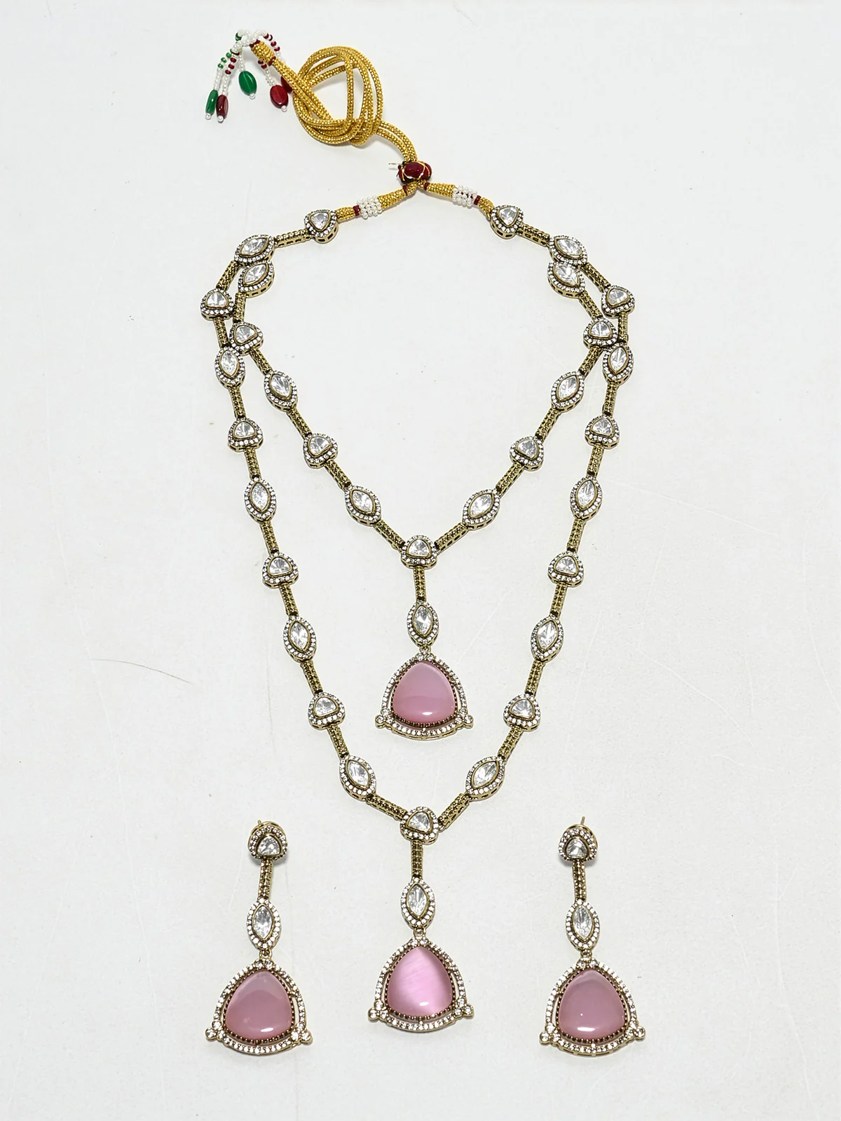 Odette Golden And Light Pink Kundan And Stone Jewellery Set For Women - Image 5