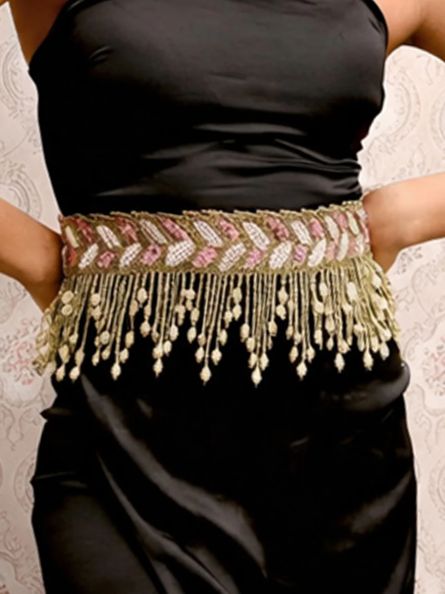 Odette Golden And Pink Elastic Beaded Pearl Belt For Women - Image 6