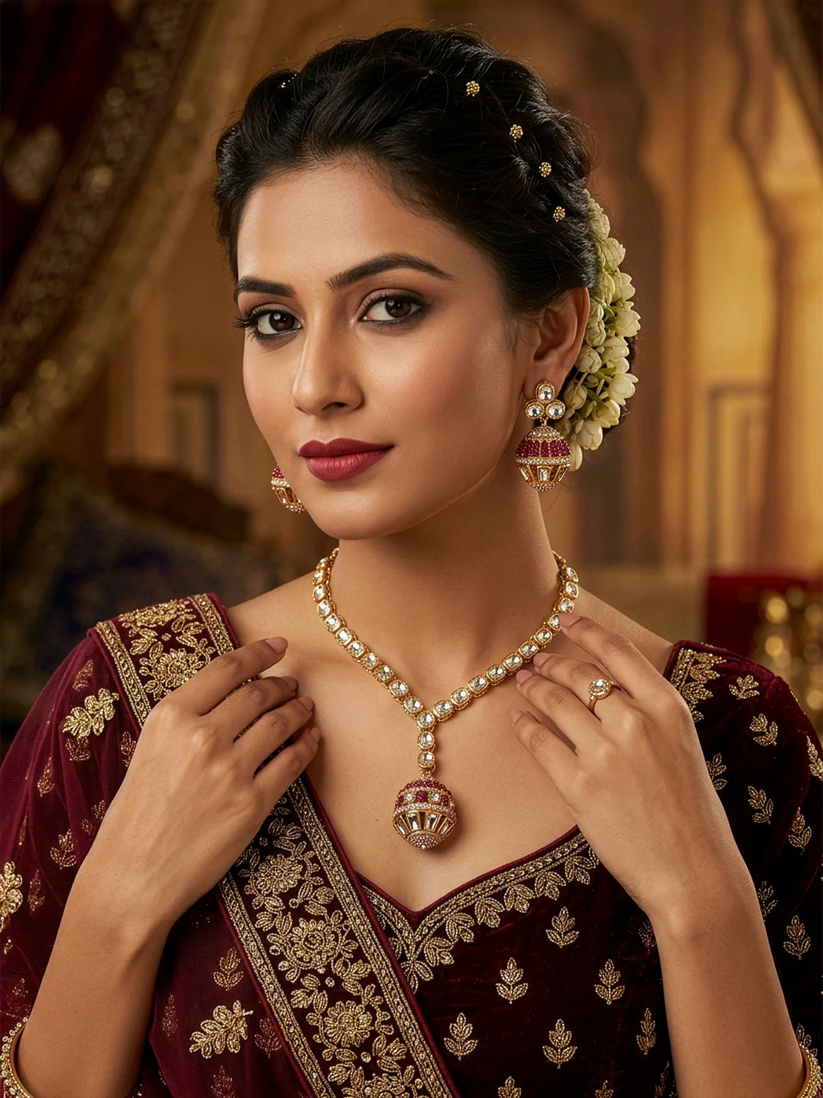 Odette Golden And Red Alloy Kundan And Stone Jewellery Set For Women
