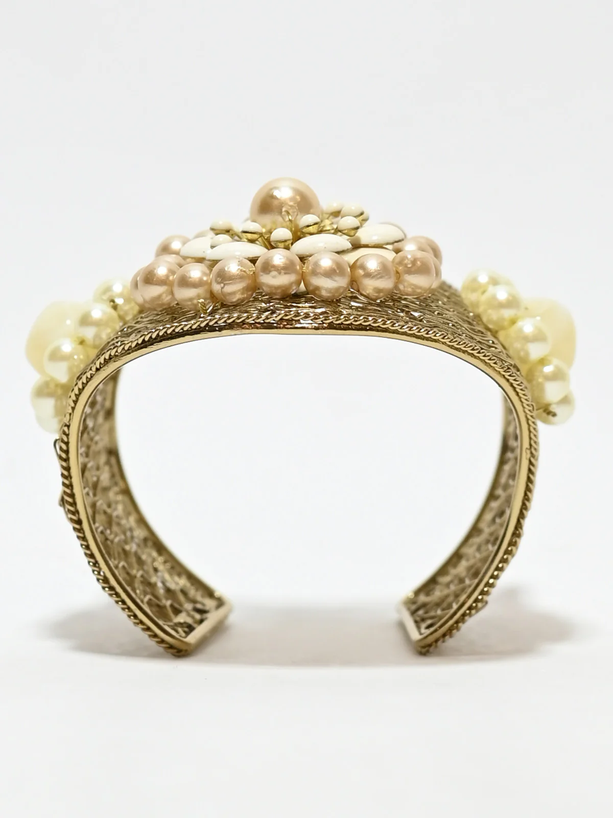 Odette Golden And White Alloy Pearl Cuff Bracelet For Women - Image 4