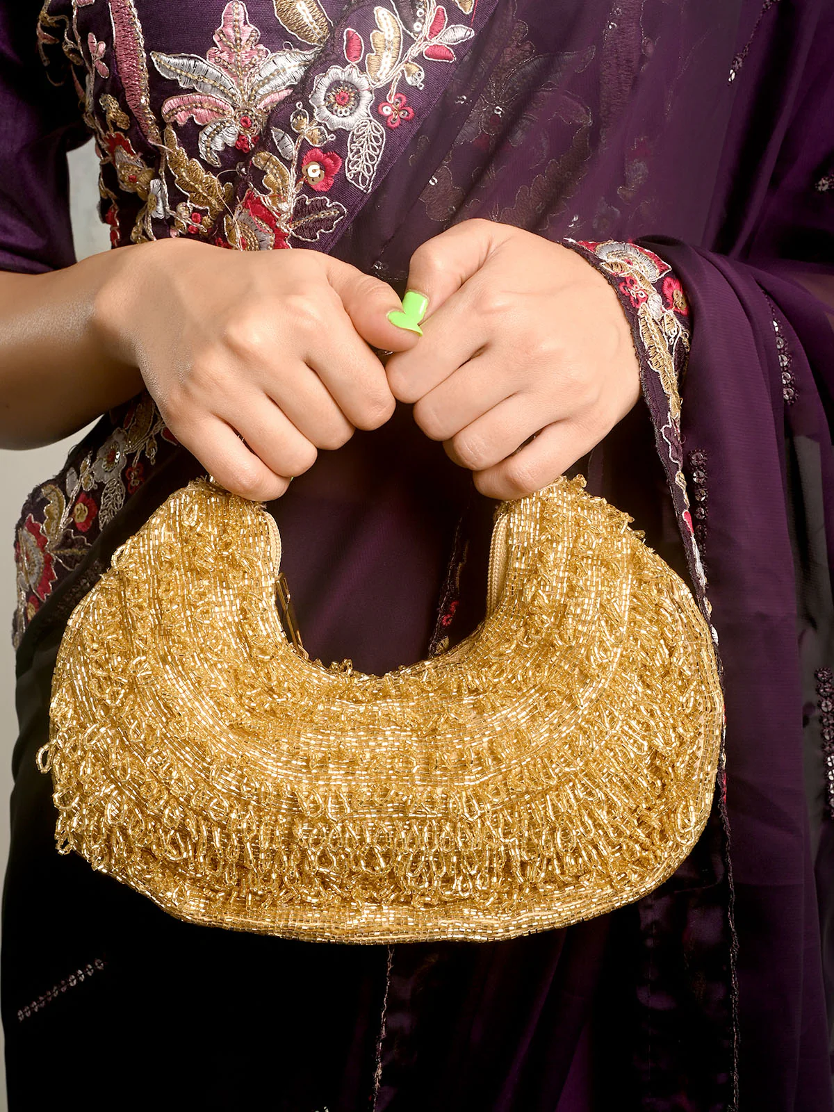 Odette Golden Beaded Moon Clutch For Women - Image 3