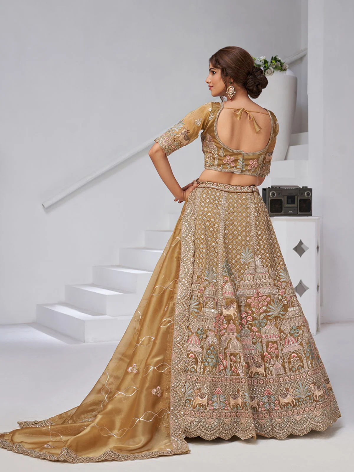 Odette Golden Beige Organza Tissue Embroidered Semi-Stitched Lehenga For Women - Image 2