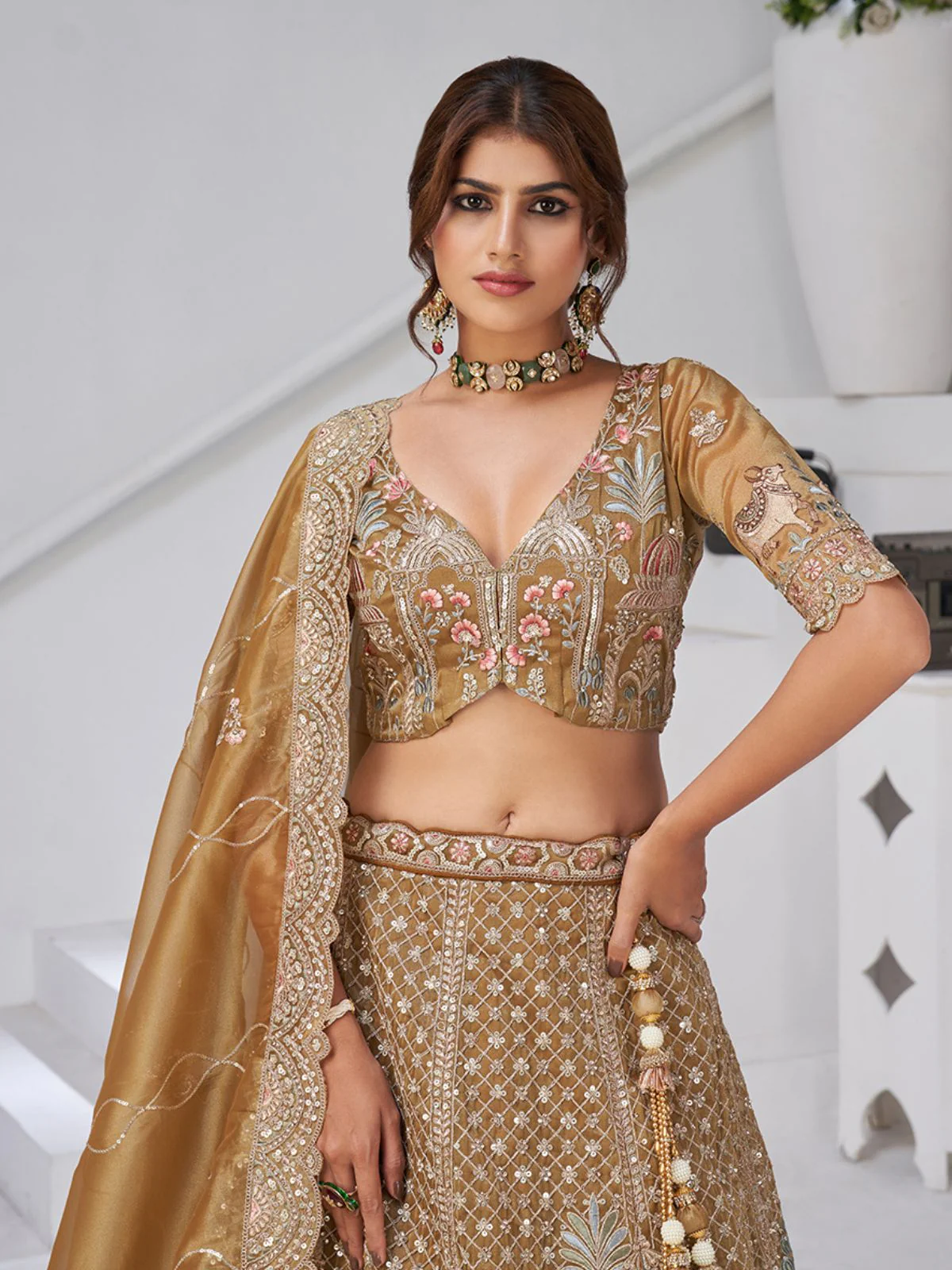 Odette Golden Beige Organza Tissue Embroidered Semi-Stitched Lehenga For Women - Image 3