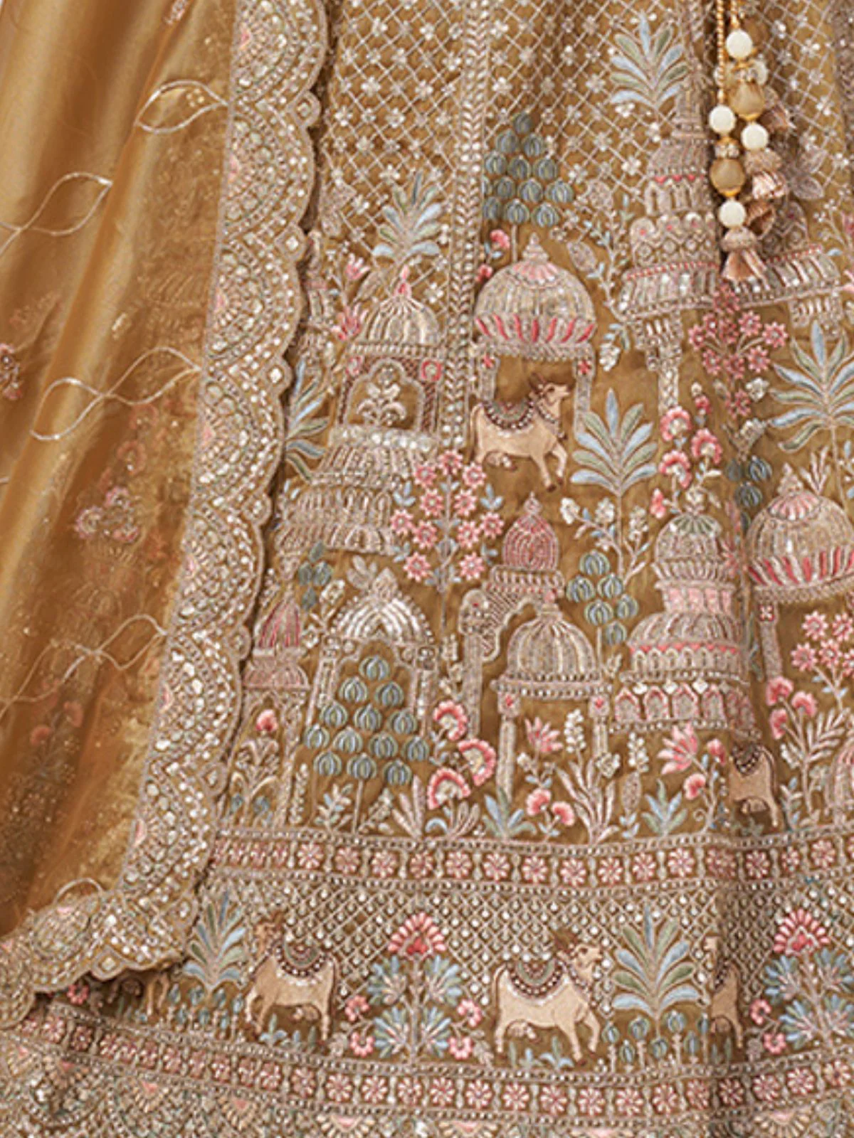 Odette Golden Beige Organza Tissue Embroidered Semi-Stitched Lehenga For Women - Image 4