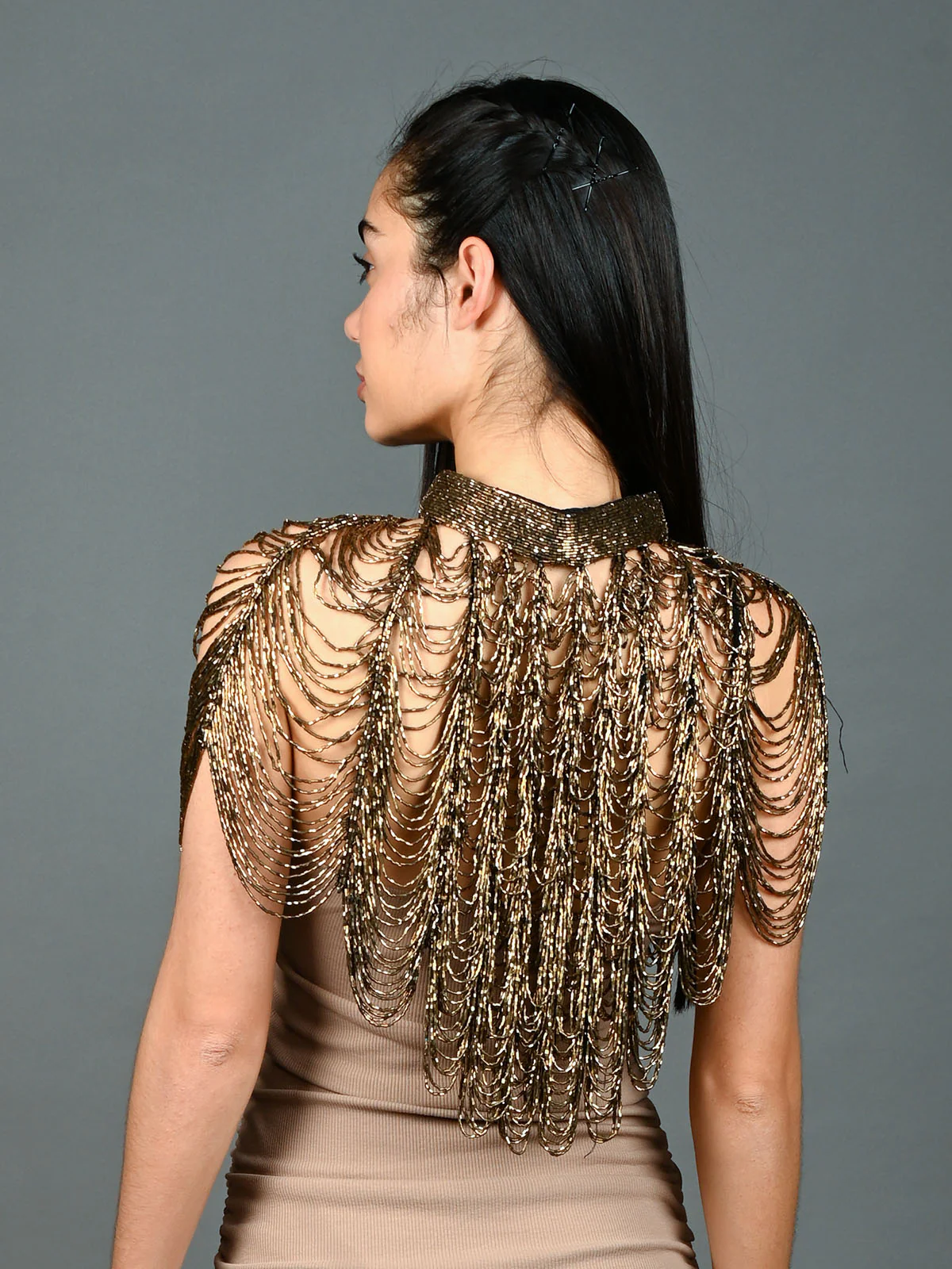 Odette Golden & Black Net Embellished Cape For Women - Image 4