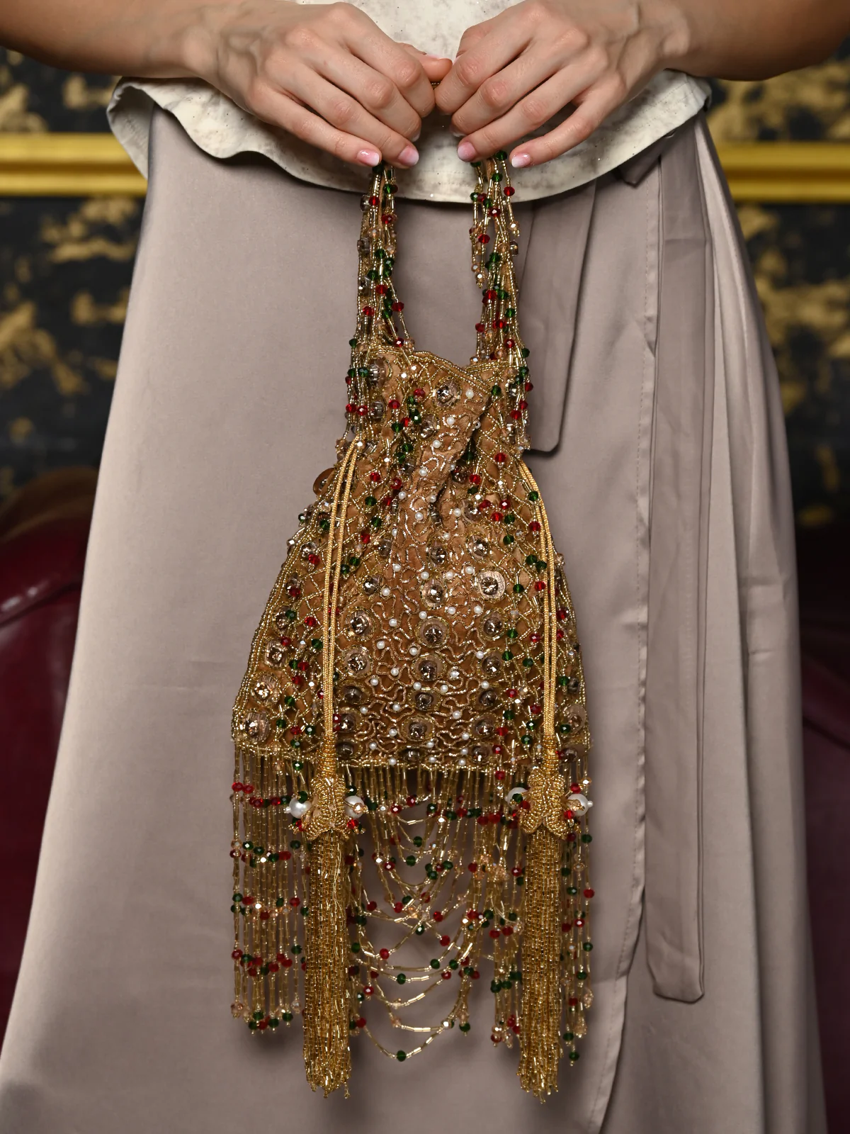 Odette Golden Embroidered Potli Bag For Women - Image 2