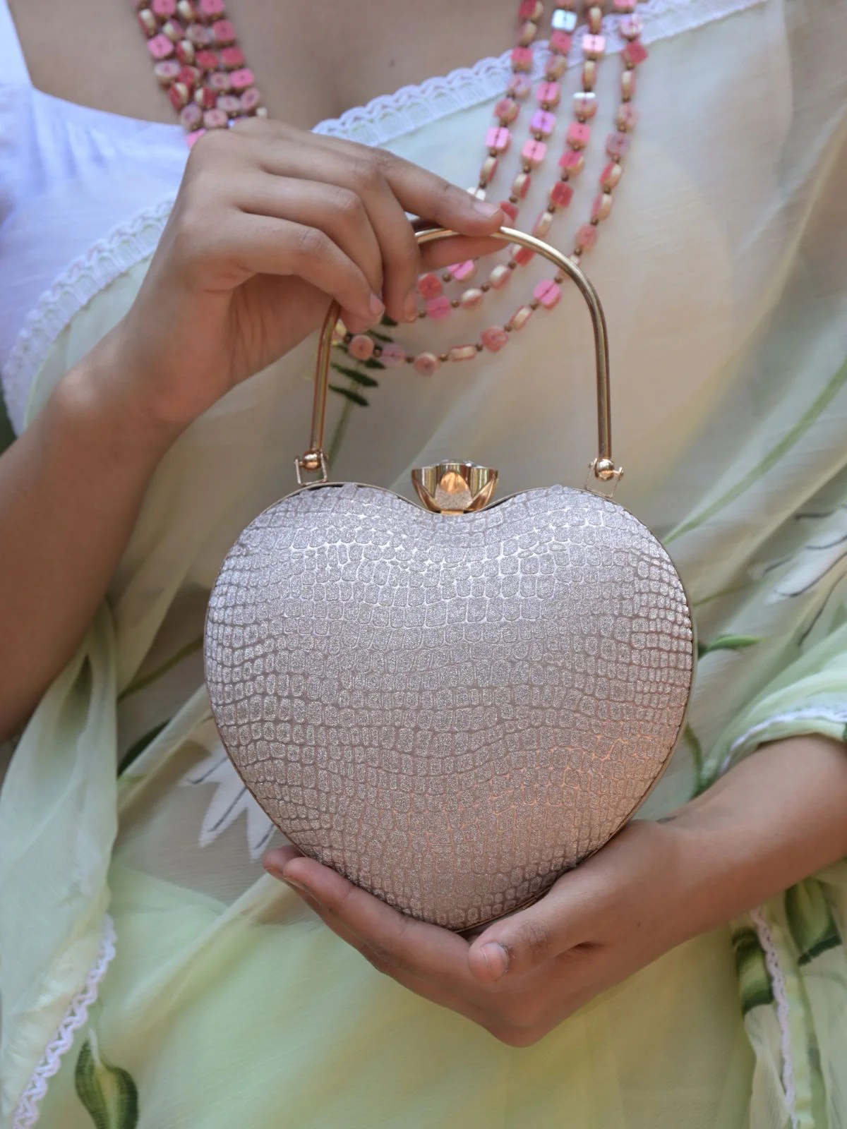 Odette Golden Heart Shaped Patterned Shimmery Clutch For Women - Image 2