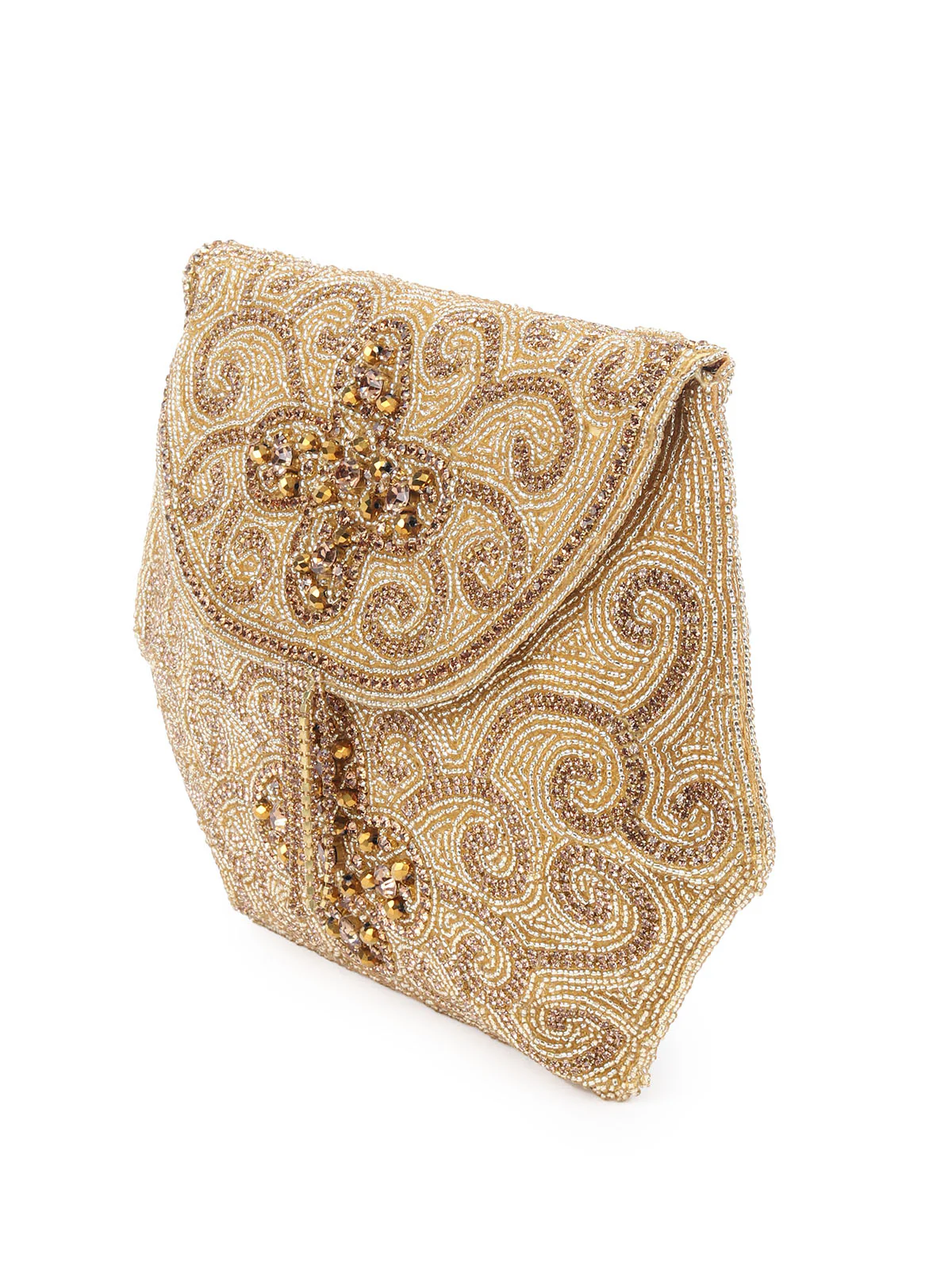 Odette Golden Jute Beads And Stone With Golden Metallic Chain Hand Bag For Women - Image 4