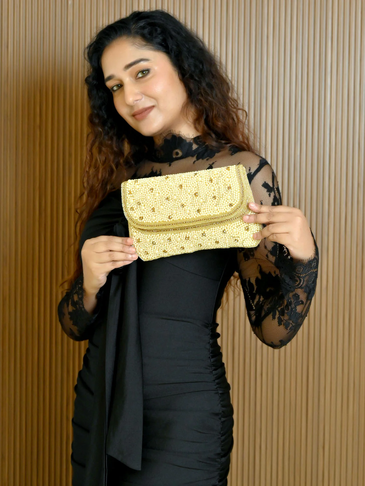 Odette Golden Jute Embellished Clutch For Women