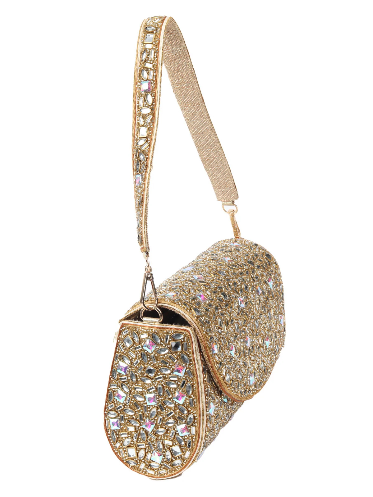Odette Golden Jute Embellished Pure Silver Stone And Beads Hand Bag For Women - Image 4