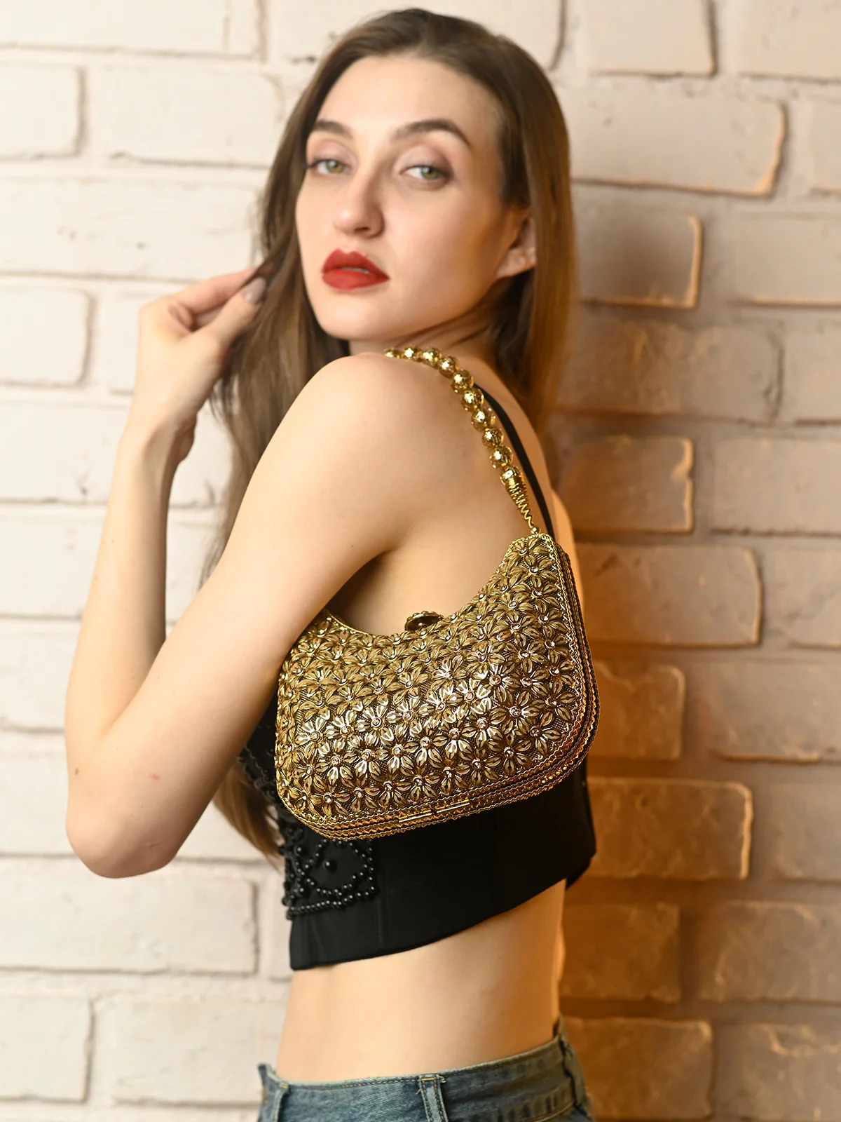 Odette Golden Metal Clutch For Women - Image 2