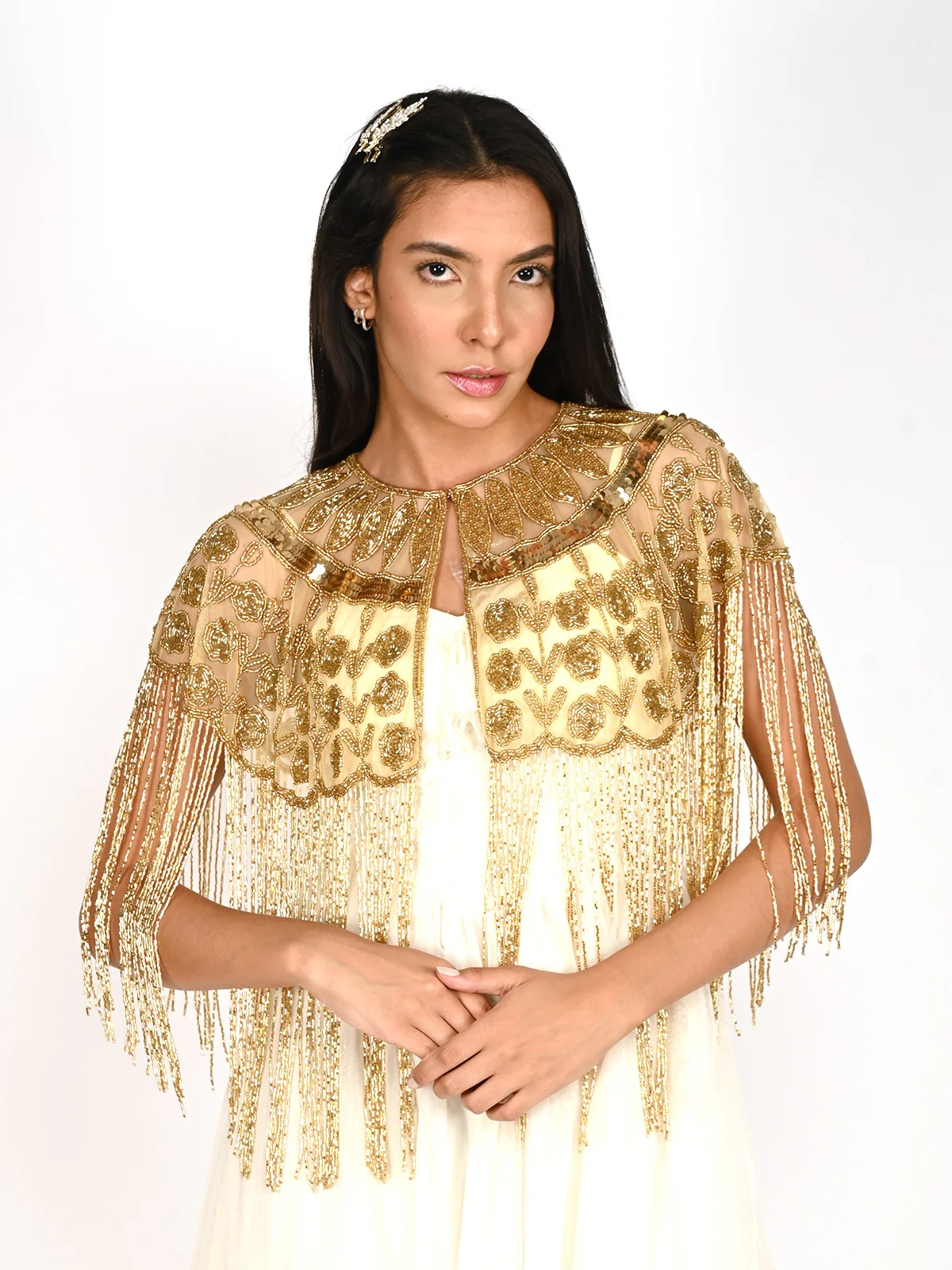 Odette Golden Net Cutdana Embroidered Tasseled Cape for Women - Image 2