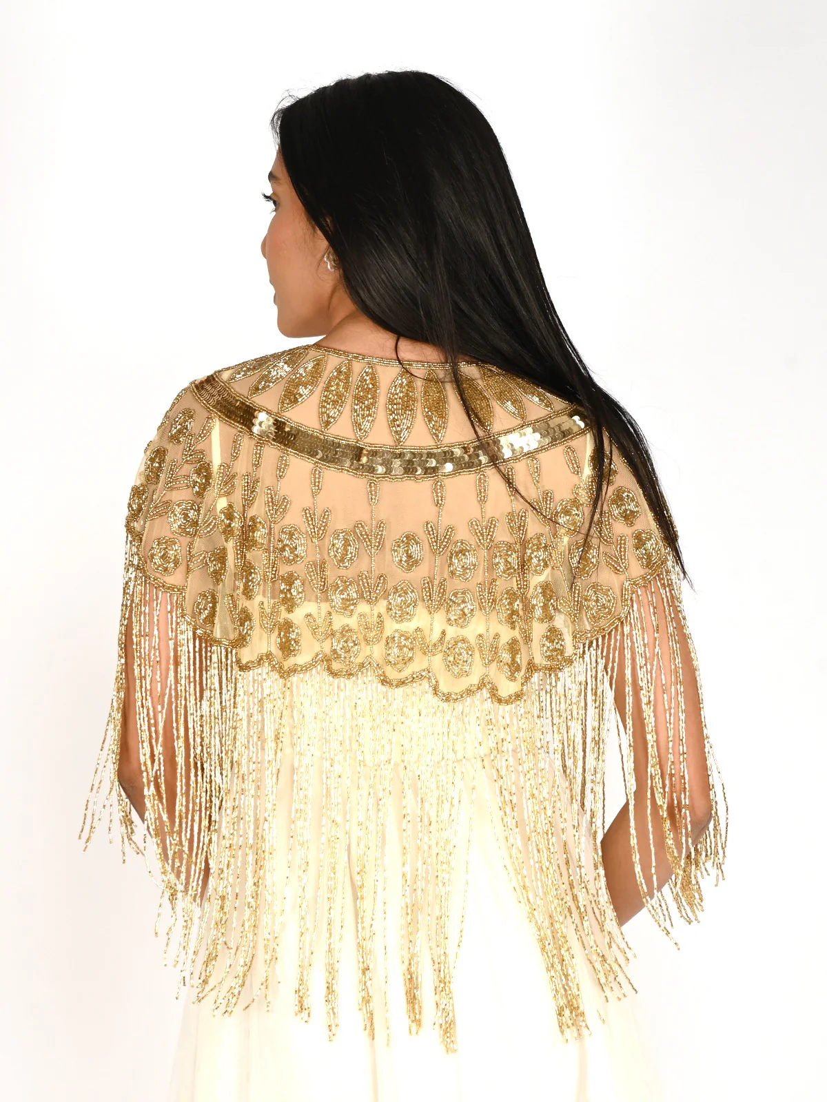 Odette Golden Net Cutdana Embroidered Tasseled Cape for Women - Image 4