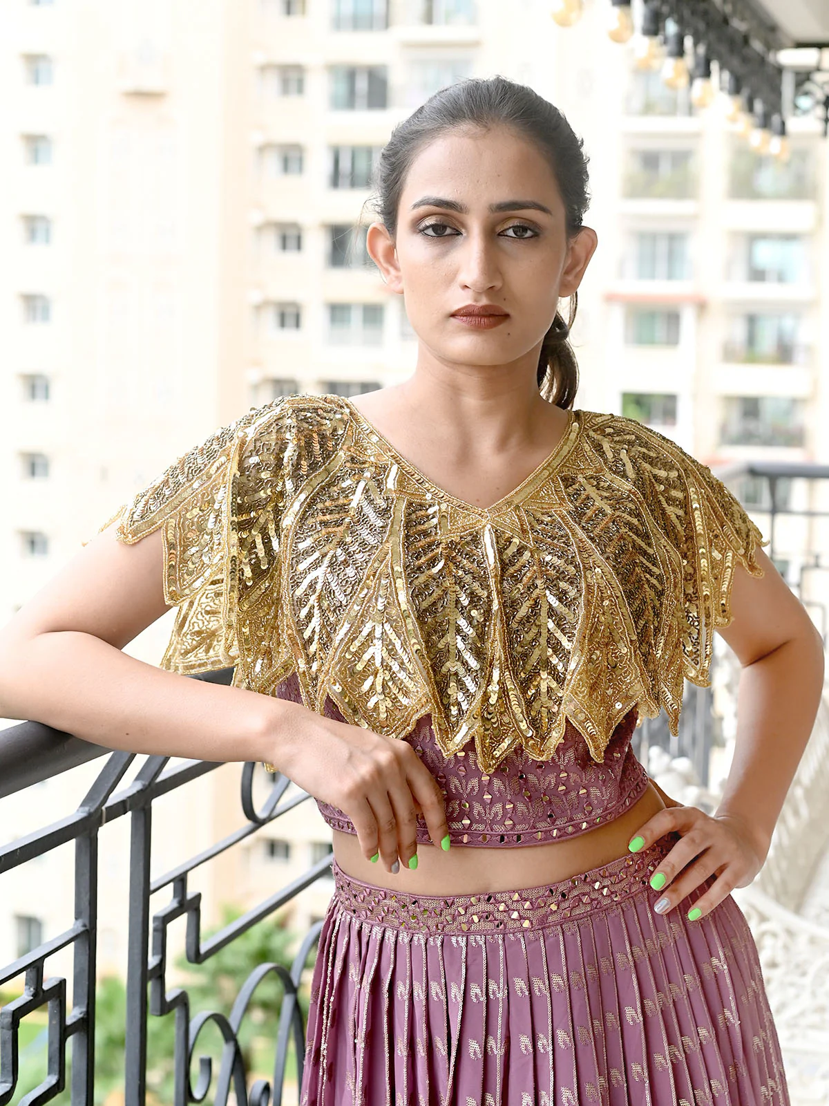 Odette Golden Net Cutdana Embroidered Tasseled Cape for Women - Image 2