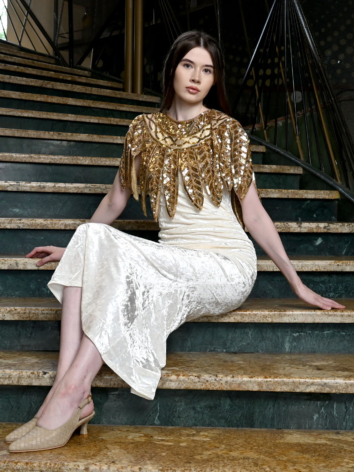 Odette Golden Net Embellished Cape For Women