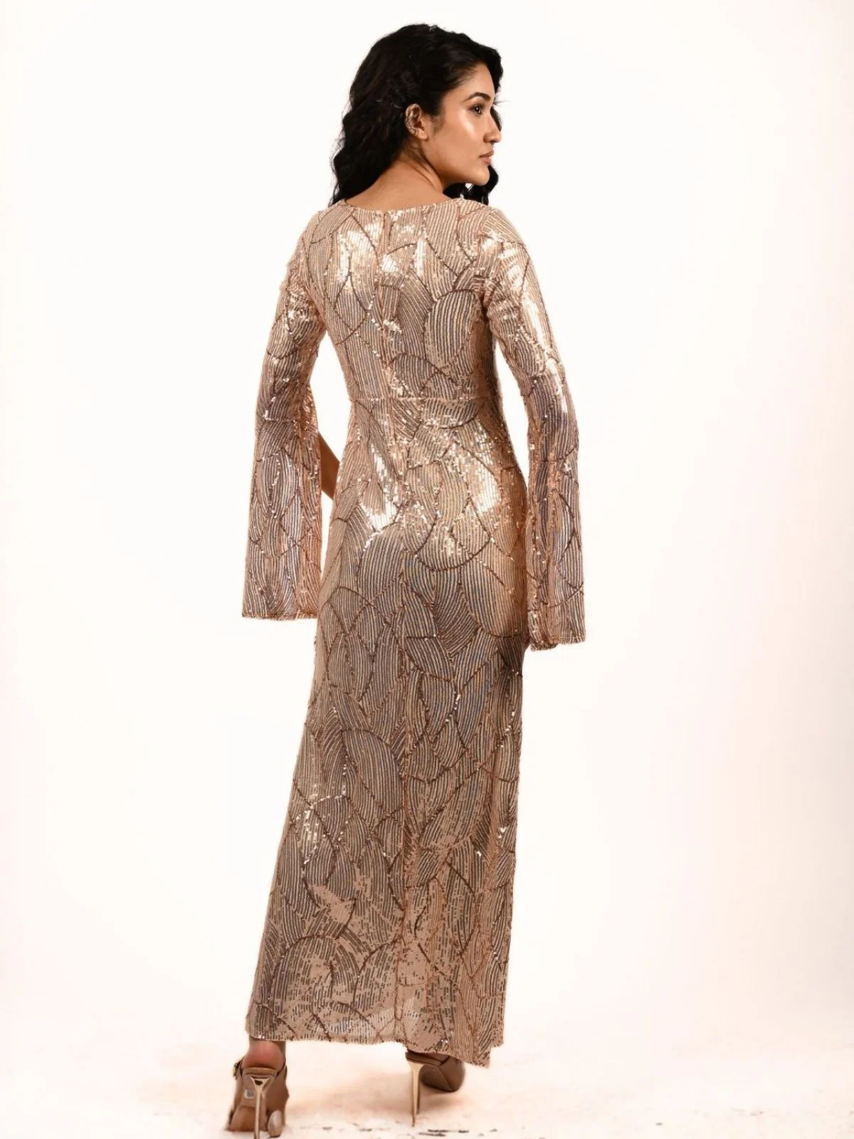 Odette Golden Net Embellished Dress For Women - Image 3