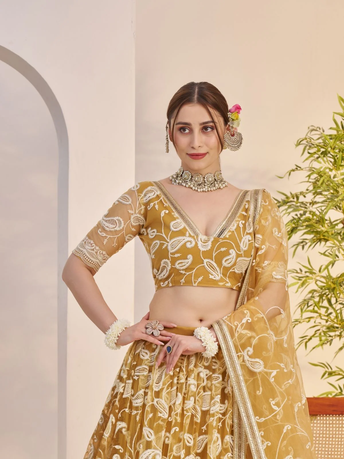Odette Golden Net Embroidered Semi Stitched Lehenga For Women - Image 4