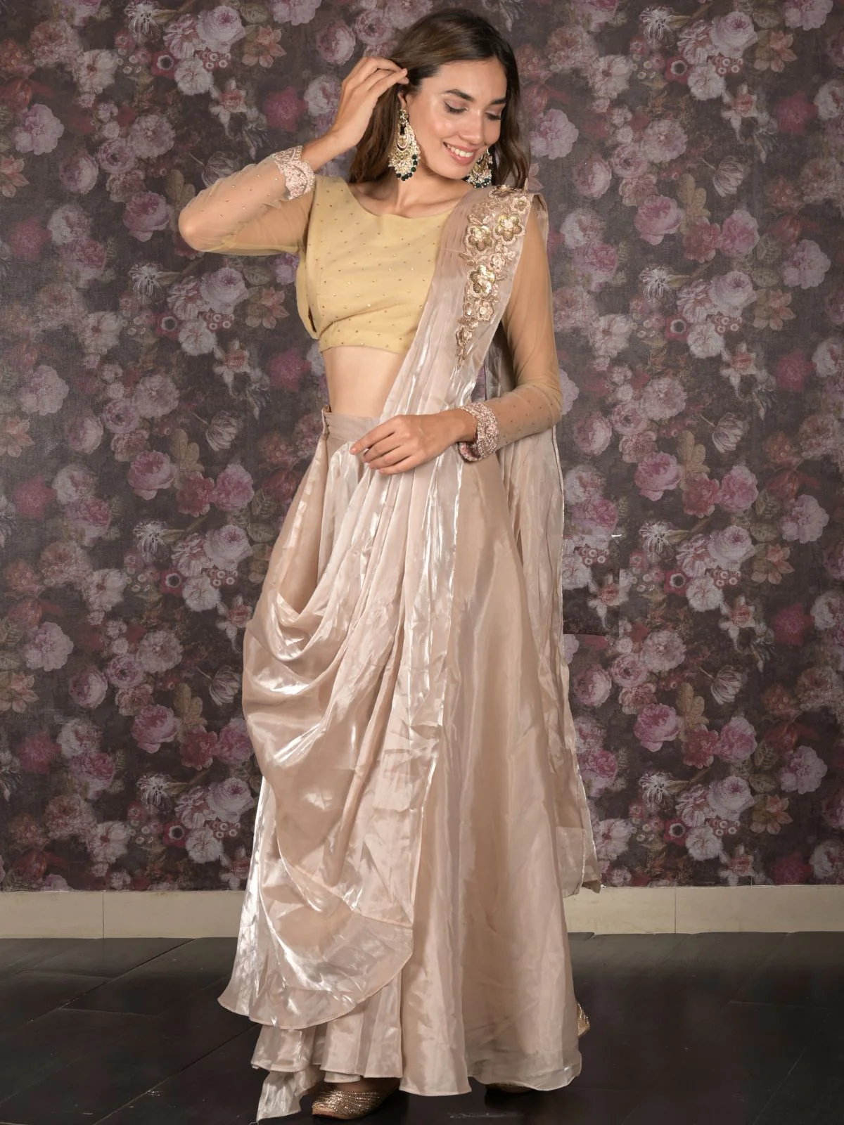 Odette Golden Organza Embellished Ready-To-Wear Saree With Stitched Blouse For Women - Image 2