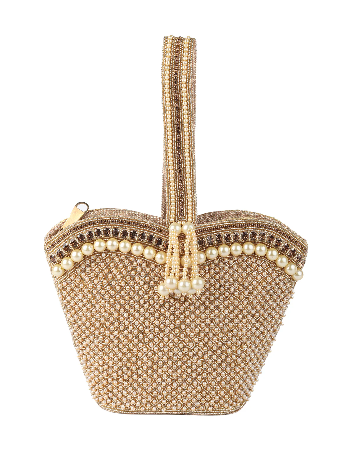 Odette Golden Pearls Embroidered Structured Clutch For Women - Image 3