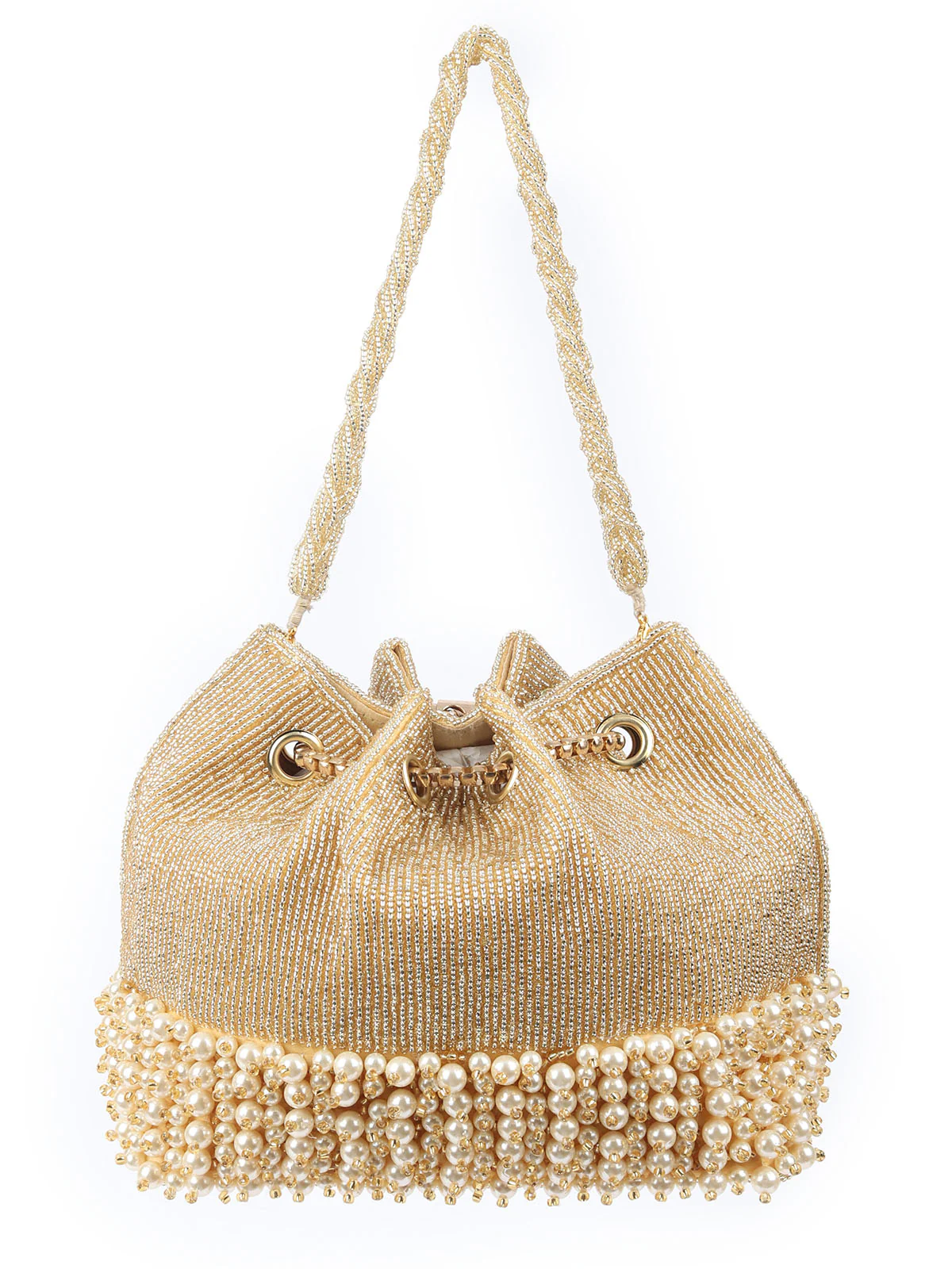 Odette Golden Raw Silk Beads And Pearl With Metallic Potli For Women - Image 4