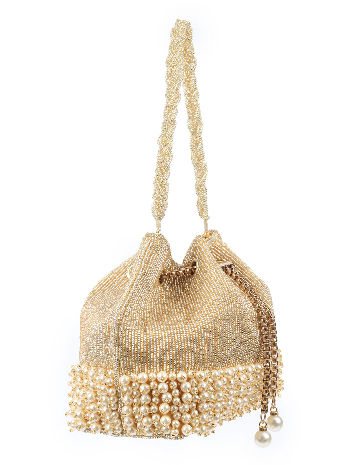 Odette Golden Raw Silk Beads And Pearl With Metallic Potli For Women - Image 5