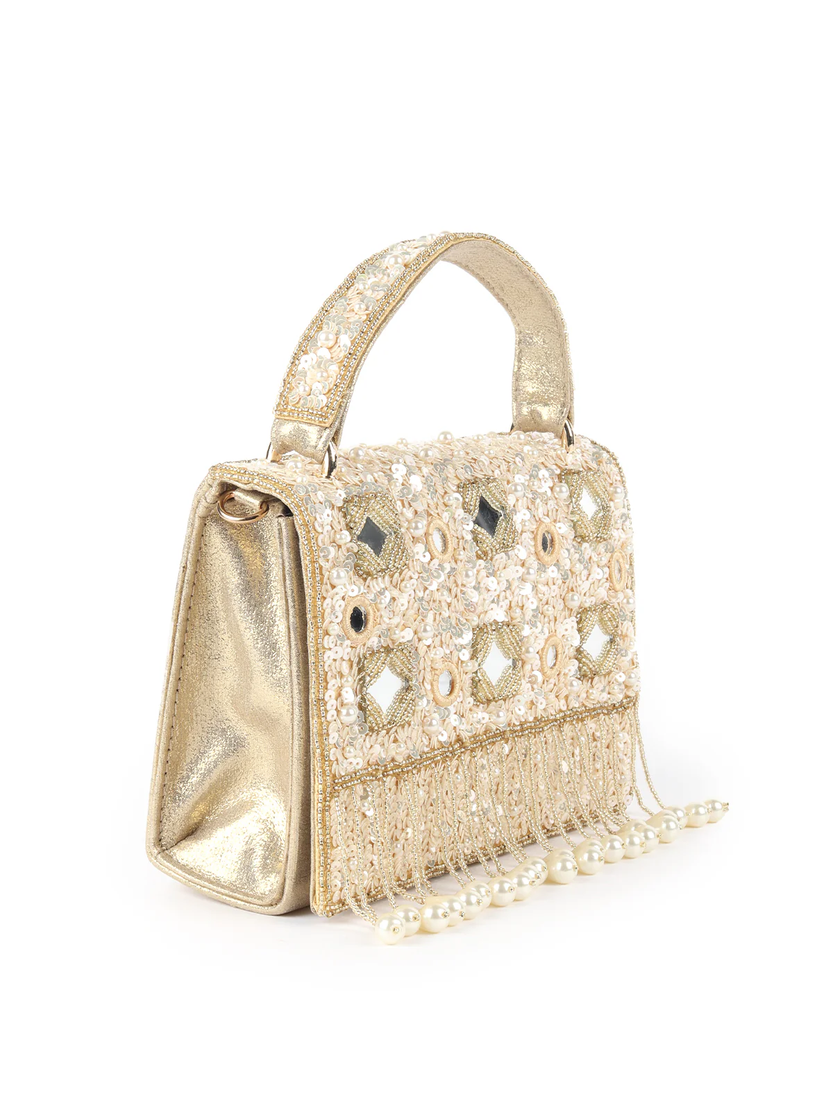 Odette Golden Sequins Embroidered Structured Clutch For Women - Image 4