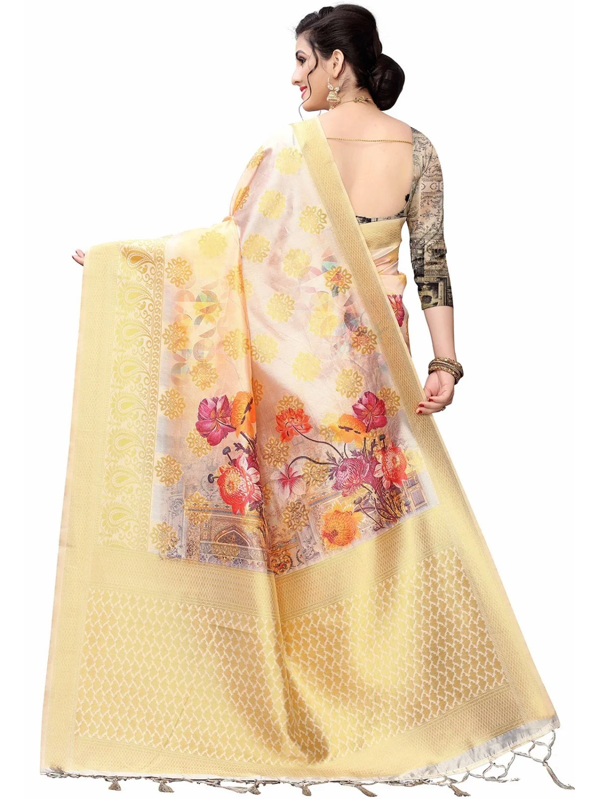 Odette Golden Silk Blend Floral Printed Saree For Women - Image 3