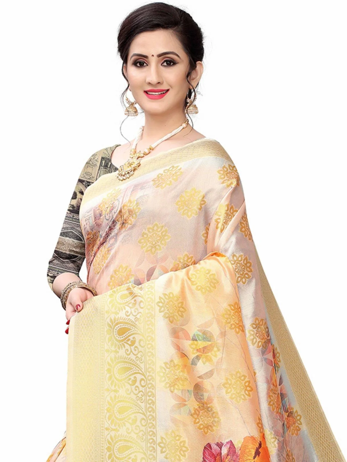 Odette Golden Silk Blend Floral Printed Saree For Women - Image 4