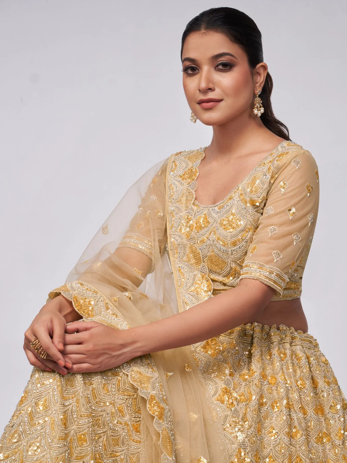 Odette Golden Soft Net Embroidered Semi Stitched Lehenga With Unstitched Blouse For Women - Image 3