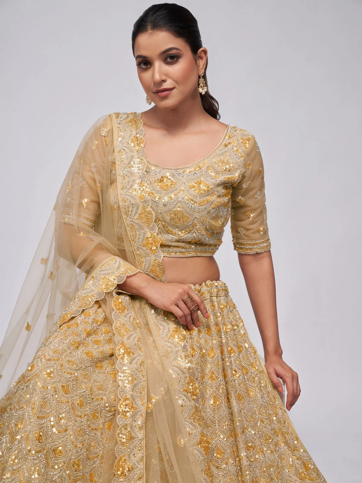 Odette Golden Soft Net Embroidered Semi Stitched Lehenga With Unstitched Blouse For Women - Image 4
