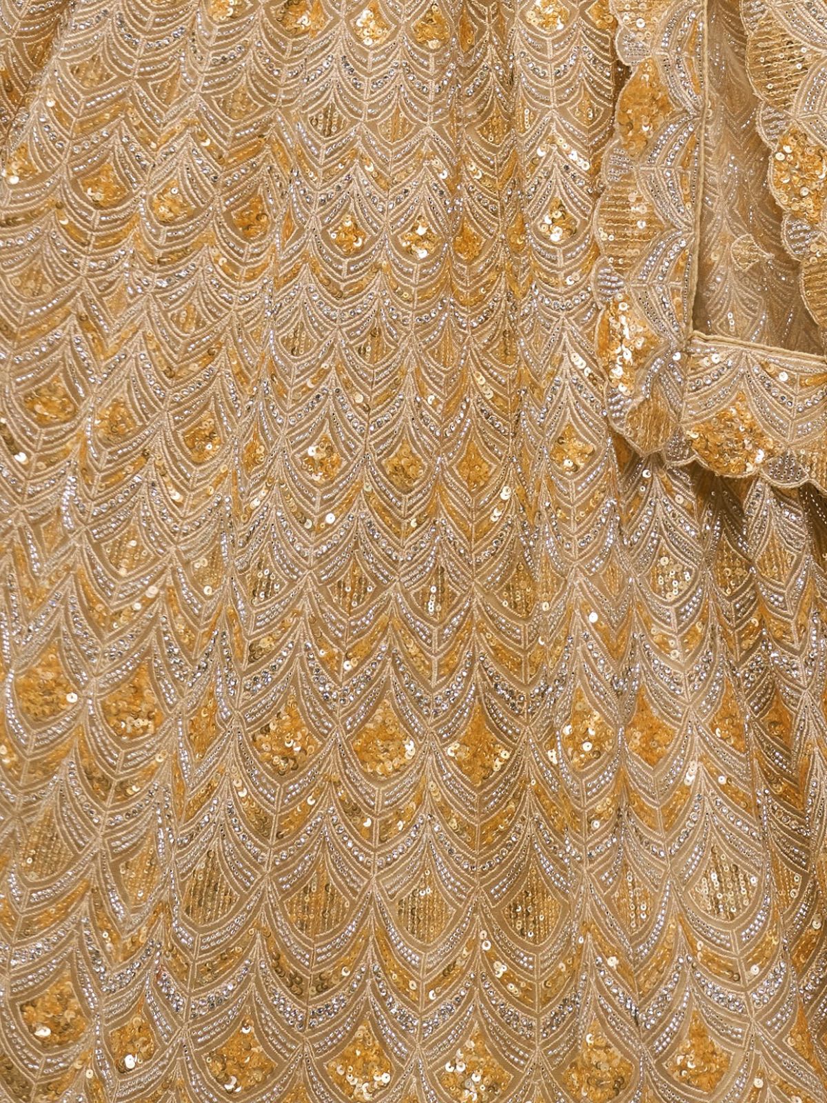 Odette Golden Soft Net Embroidered Semi Stitched Lehenga With Unstitched Blouse For Women - Image 6